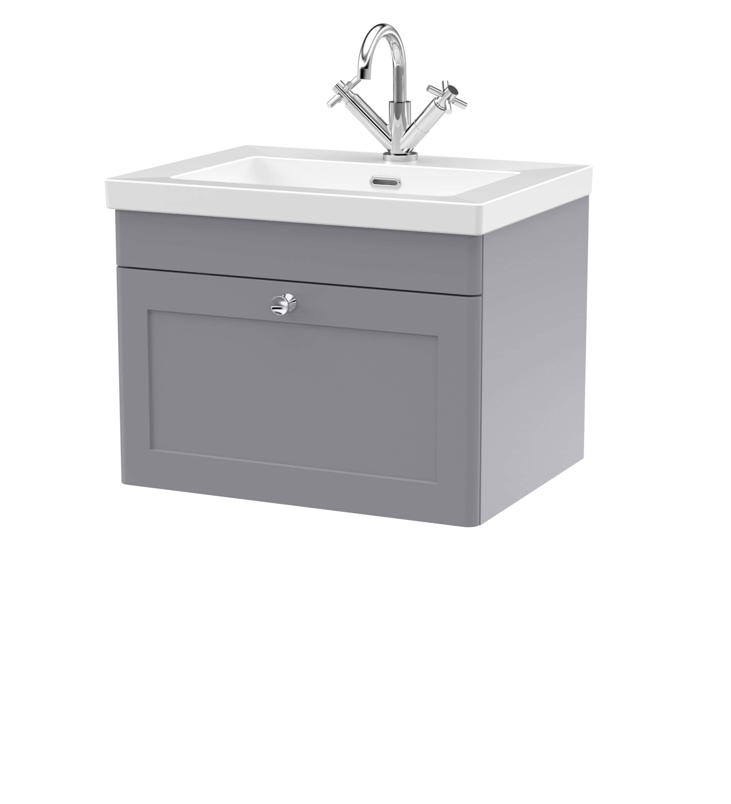 Modern grey bathroom vanity with integrated sink and chrome faucet, ideal for stylish bathroom upgrades and contemporary bathroom design.