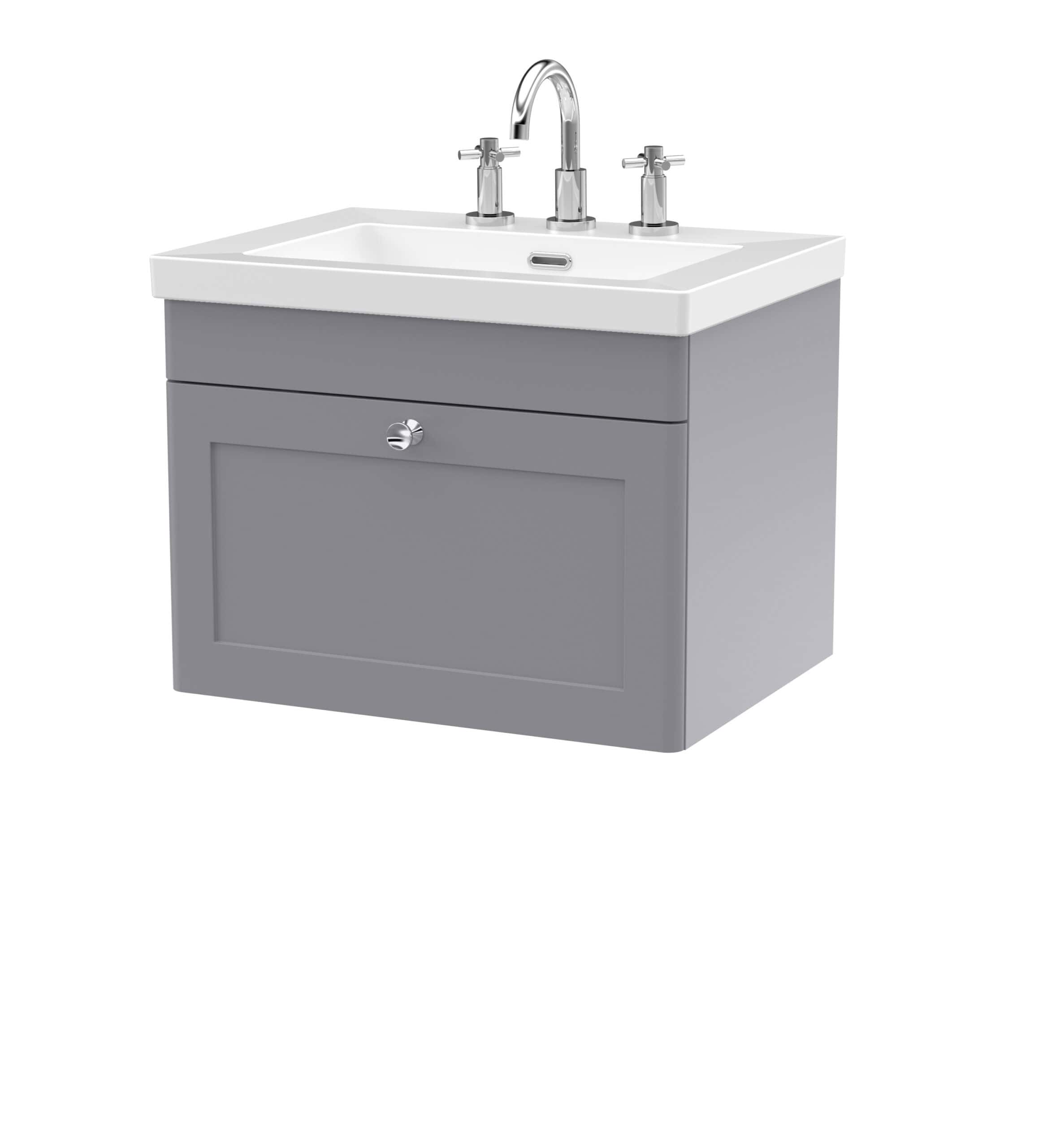 Polished grey bathroom vanity unit with white ceramic sink and chrome taps, ideal for modern bathroom designs, providing practical storage and sleek aesthetics.