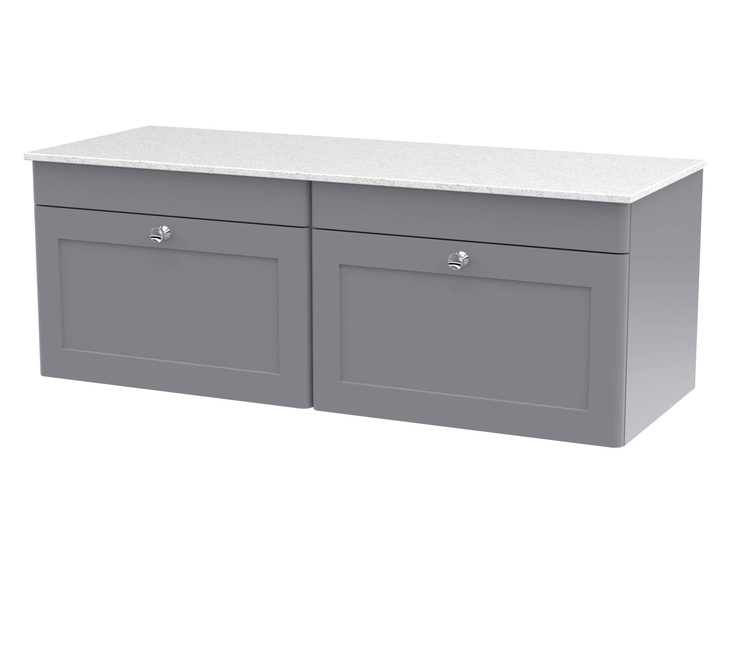 Modern grey bathroom vanity unit with a white stone-effect countertop, ideal for contemporary bathroom decor and storage solutions.