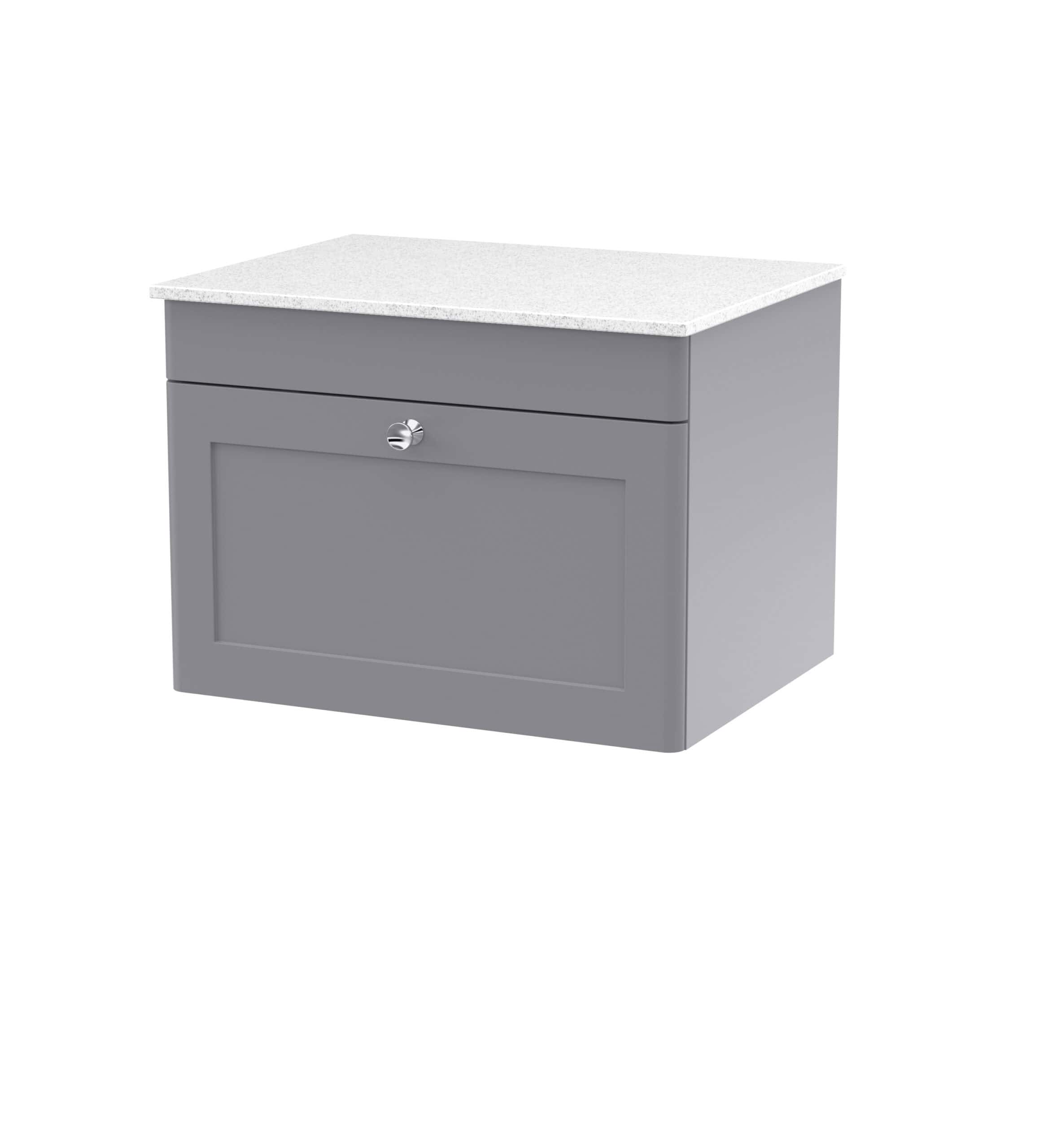 Grey bathroom vanity unit with a white granite countertop, modern design, ideal for contemporary bathrooms, featuring a sleek single drawer and cabinet storage space.