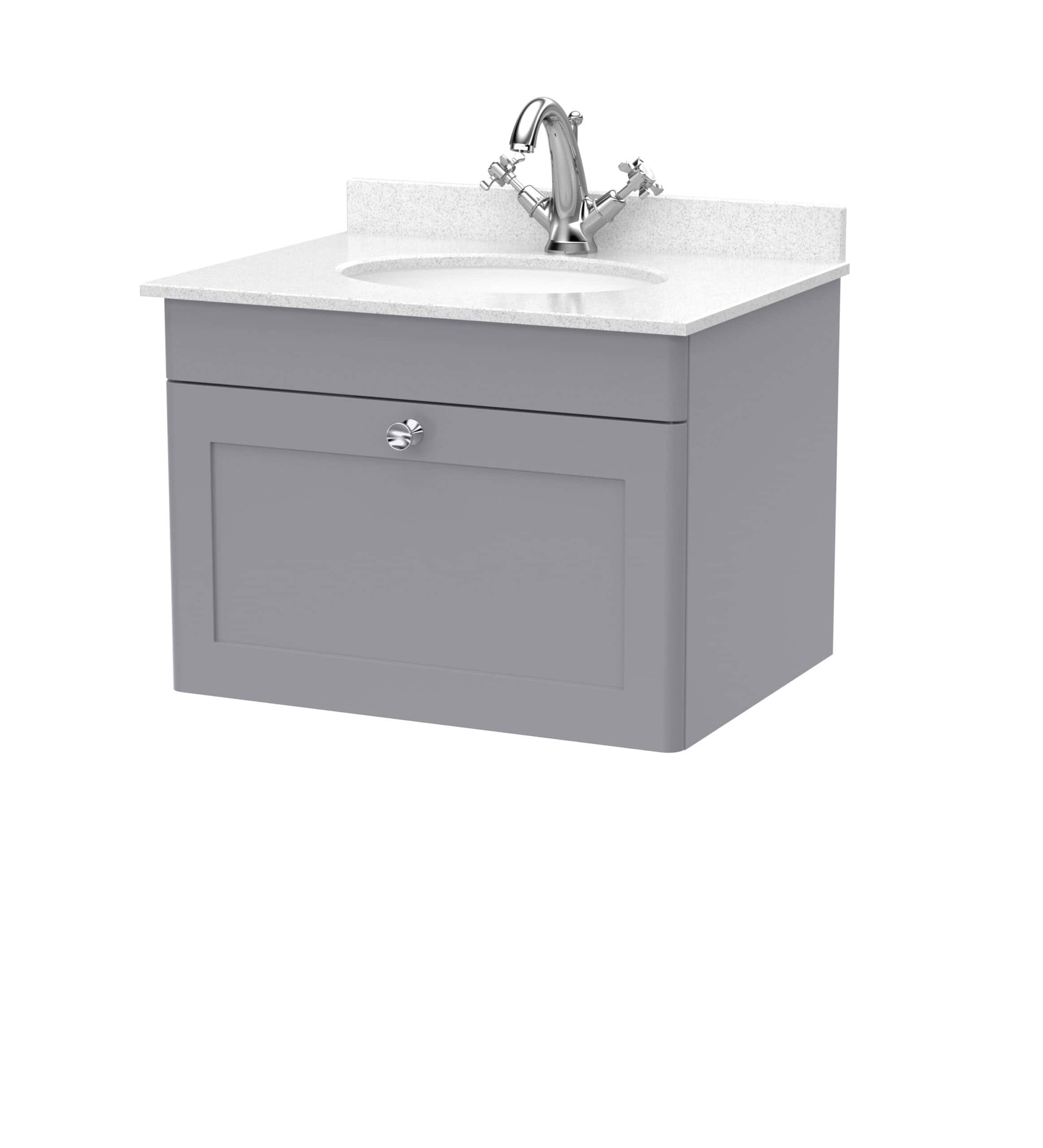 Polished bathroom vanity unit with sink, chrome tap, and storage cabinet, ideal for contemporary bathroom design, offering functionality and style.