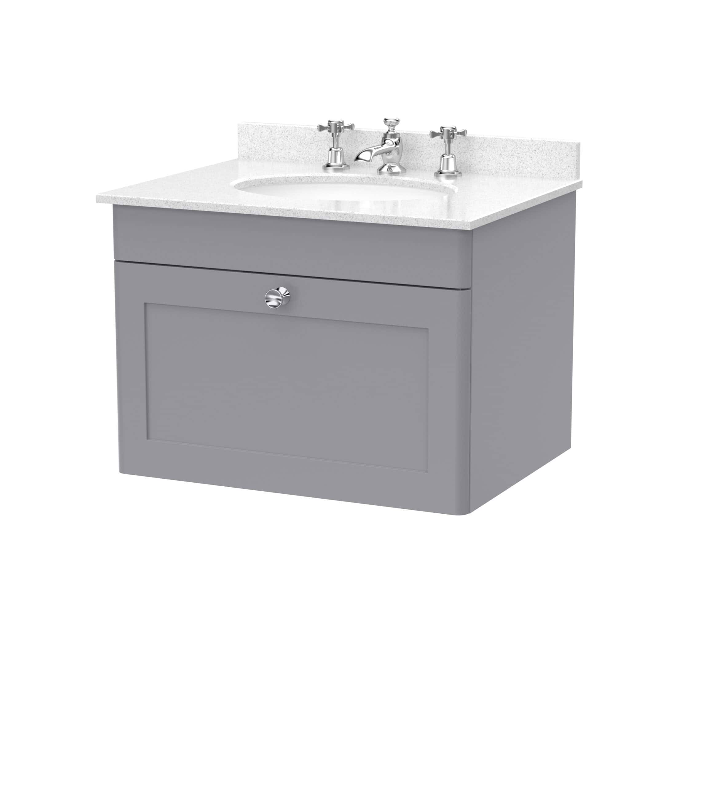 Sleek grey bathroom vanity with integrated sink and chrome faucet perfect for modern bathrooms. Features storage cabinet for bathroom essentials, combining style and functionality.