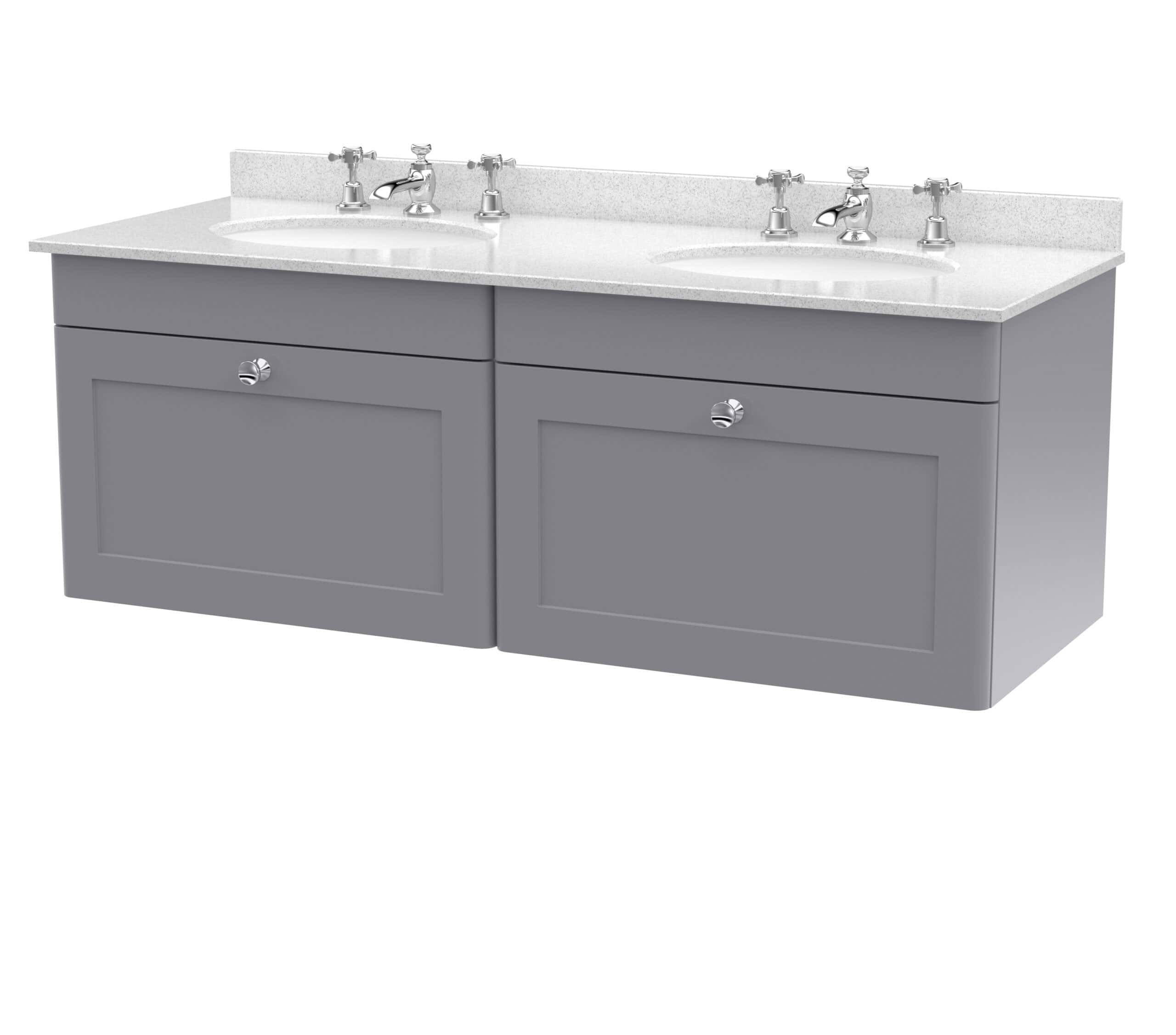 Double bathroom vanity unit with grey cabinets and white marble countertop, featuring twin sinks and chrome taps for a modern bathroom setup.