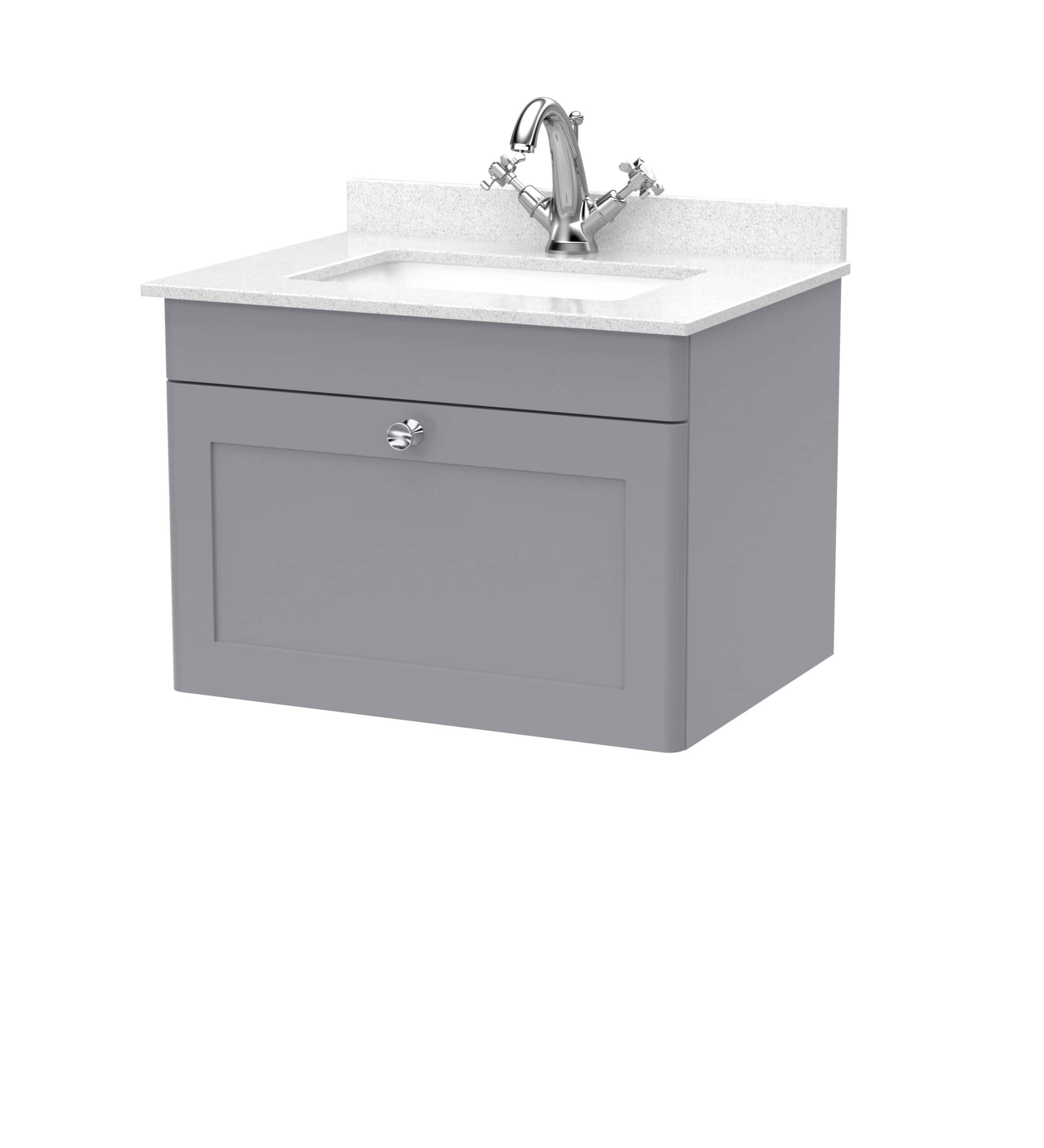 Shower and sink vanity unit with grey cabinetry and white countertop, ideal for modern bathroom decor. Features a chrome faucet, perfect for stylish and functional bathroom furniture.