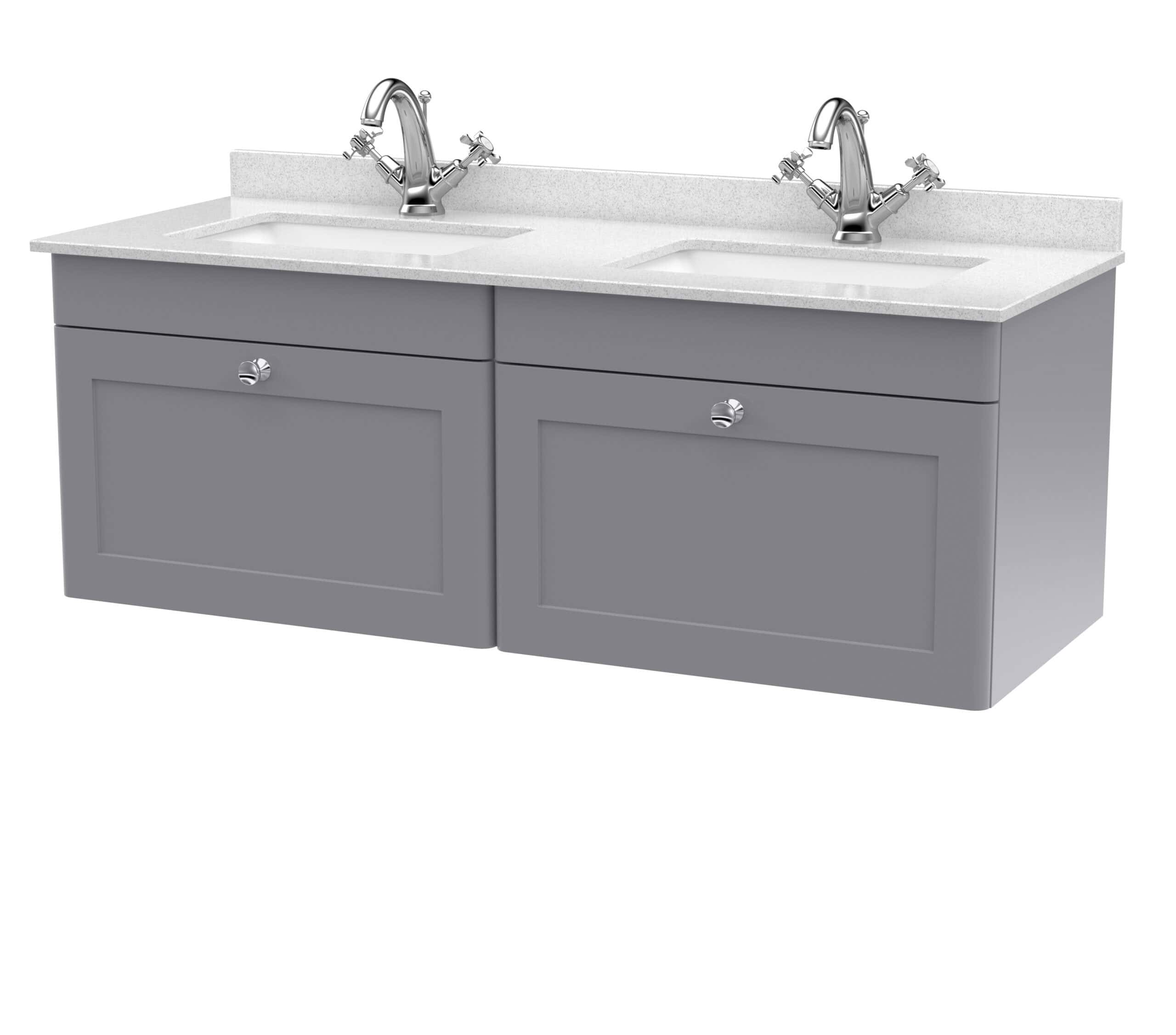 Double grey bathroom vanity with two sinks and chrome faucets, suitable for modern bathroom designs.