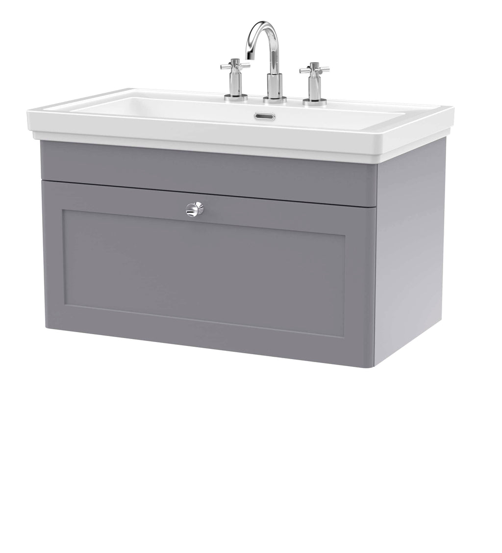 Contemporary grey bathroom vanity unit with ceramic sink and chrome taps, ideal for modern bathroom renovations.
