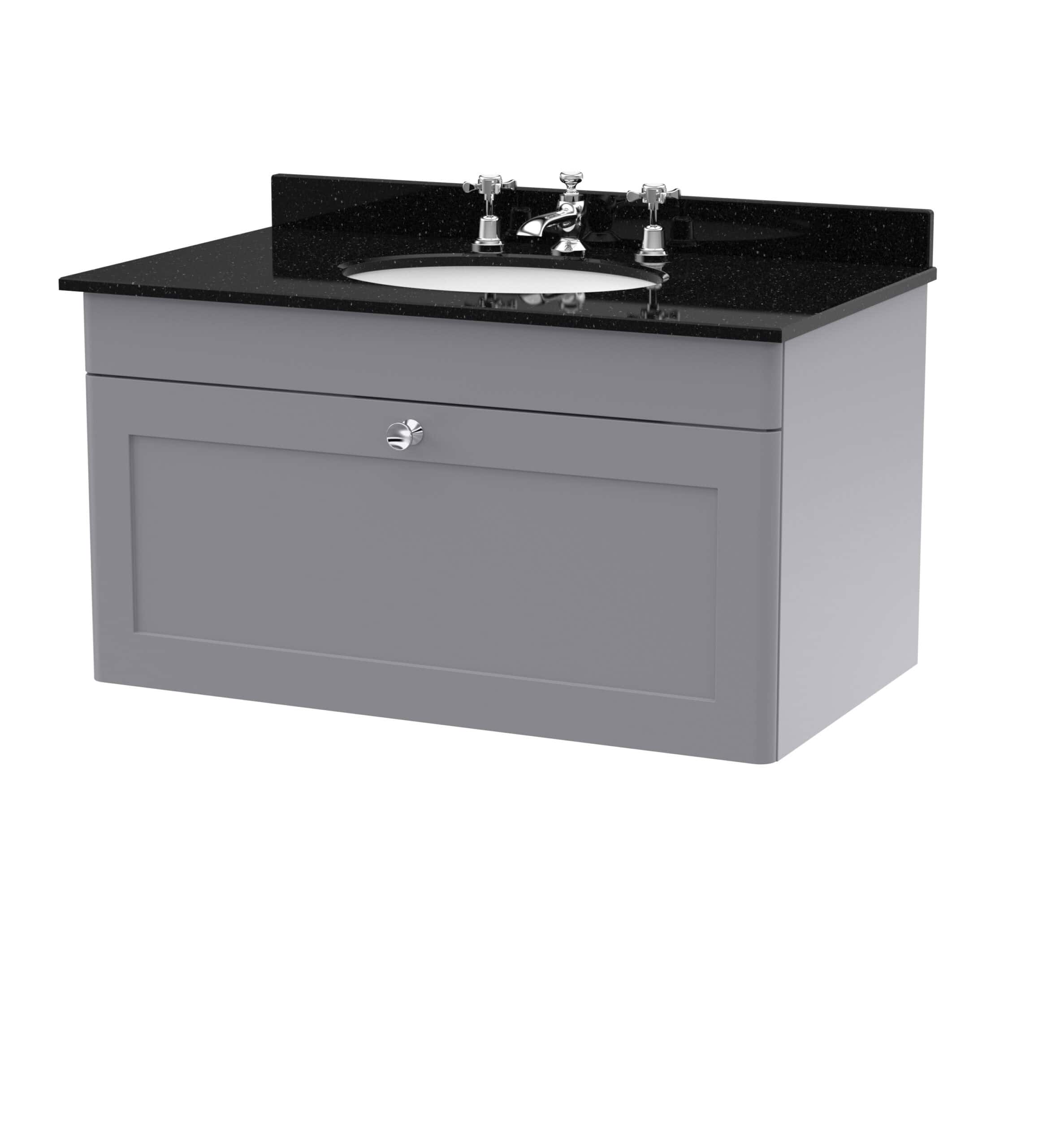 Shower vanity unit with black granite top and under-sink storage, modern bathroom furniture design.