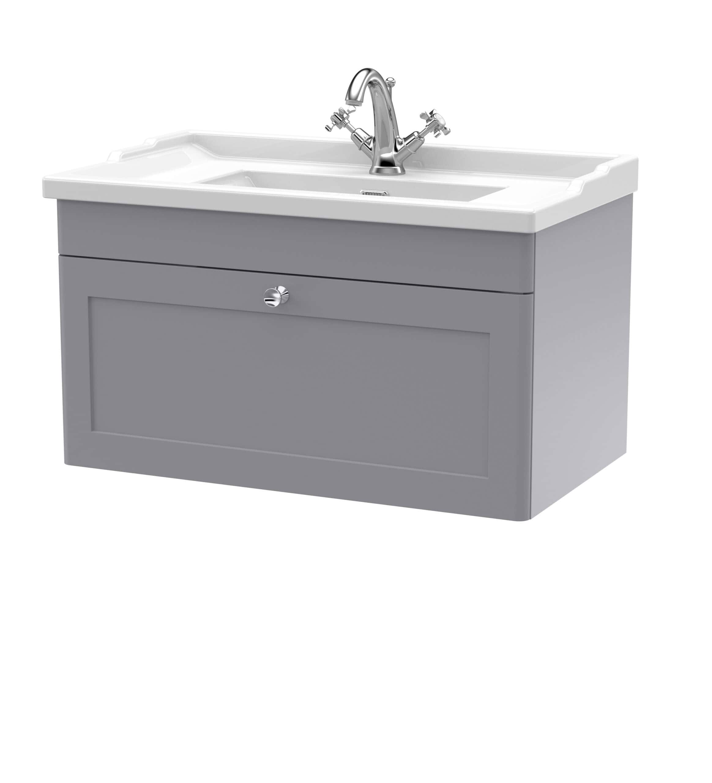 Modern grey bathroom vanity with ceramic sink and chrome faucet, suitable for contemporary bathroom decor, offering stylish storage and functional washbasin.