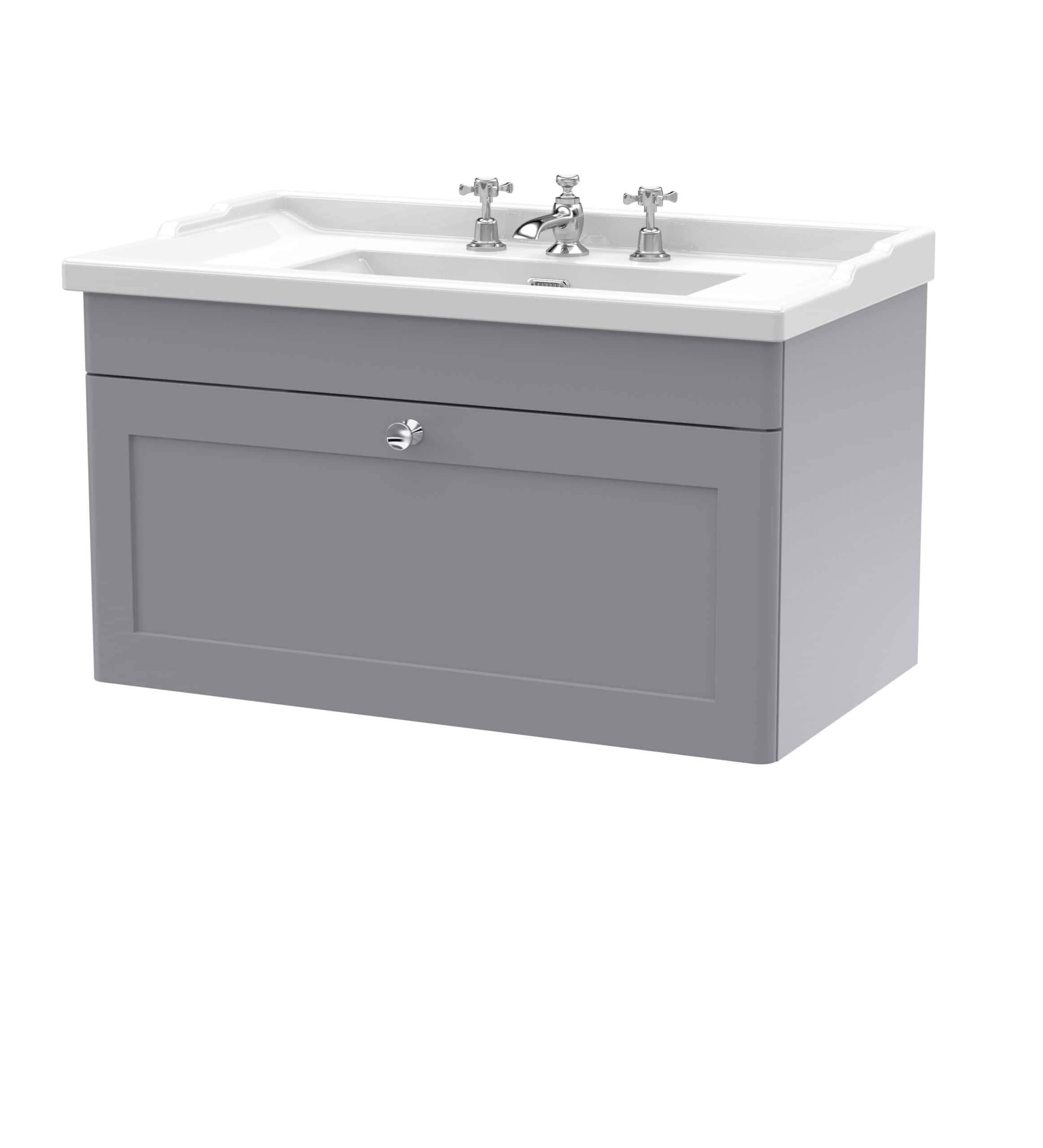 Polished grey bathroom vanity unit with built-in sink and chrome tap fixtures, ideal for modern bathrooms. The sleek design offers storage space, completing your bathroom remodel with style and functionality.