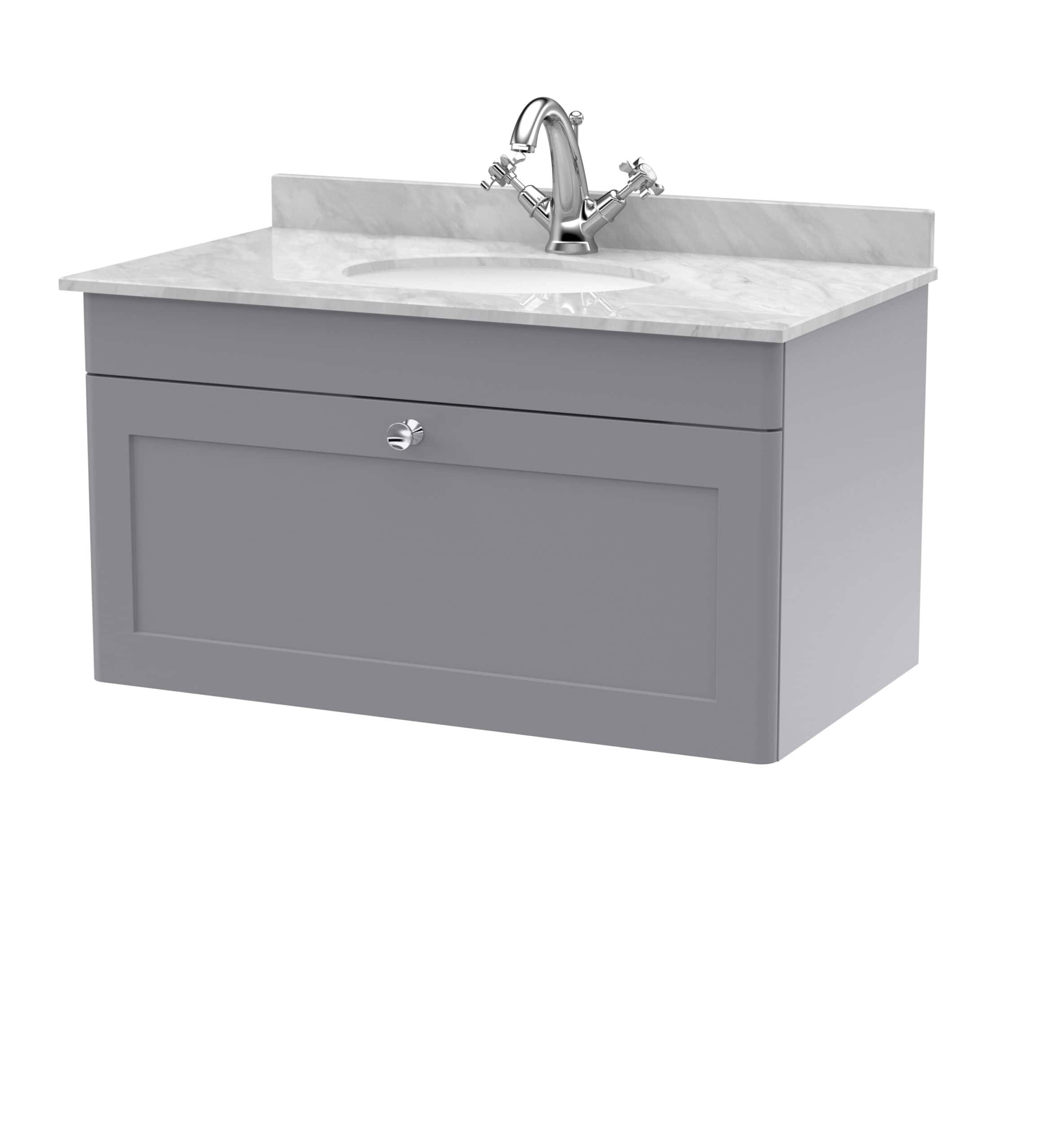 Sleek bathroom vanity with marble countertop and chrome faucet, ideal for modern bathroom design. Perfect for bathroom renovations, combining style and functionality.