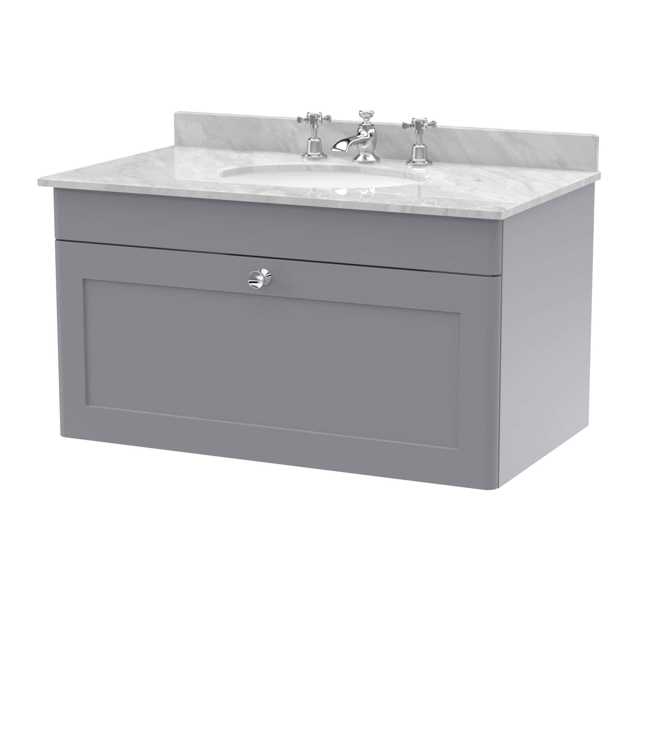 Polished grey bathroom vanity with marble countertop and classic tap, ideal for modern bathroom renovation. Stylish and functional, perfect for contemporary bathroom furniture.