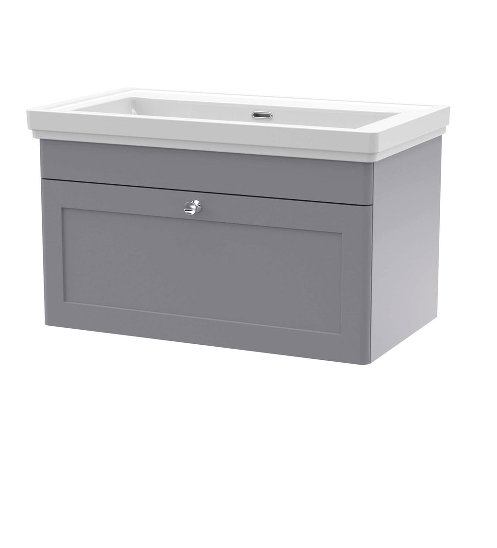 Modern grey bathroom vanity with integrated sink and storage cabinet, perfect for contemporary bathroom designs. Durable, stylish, and functional – ideal for any modern bathroom renovation.