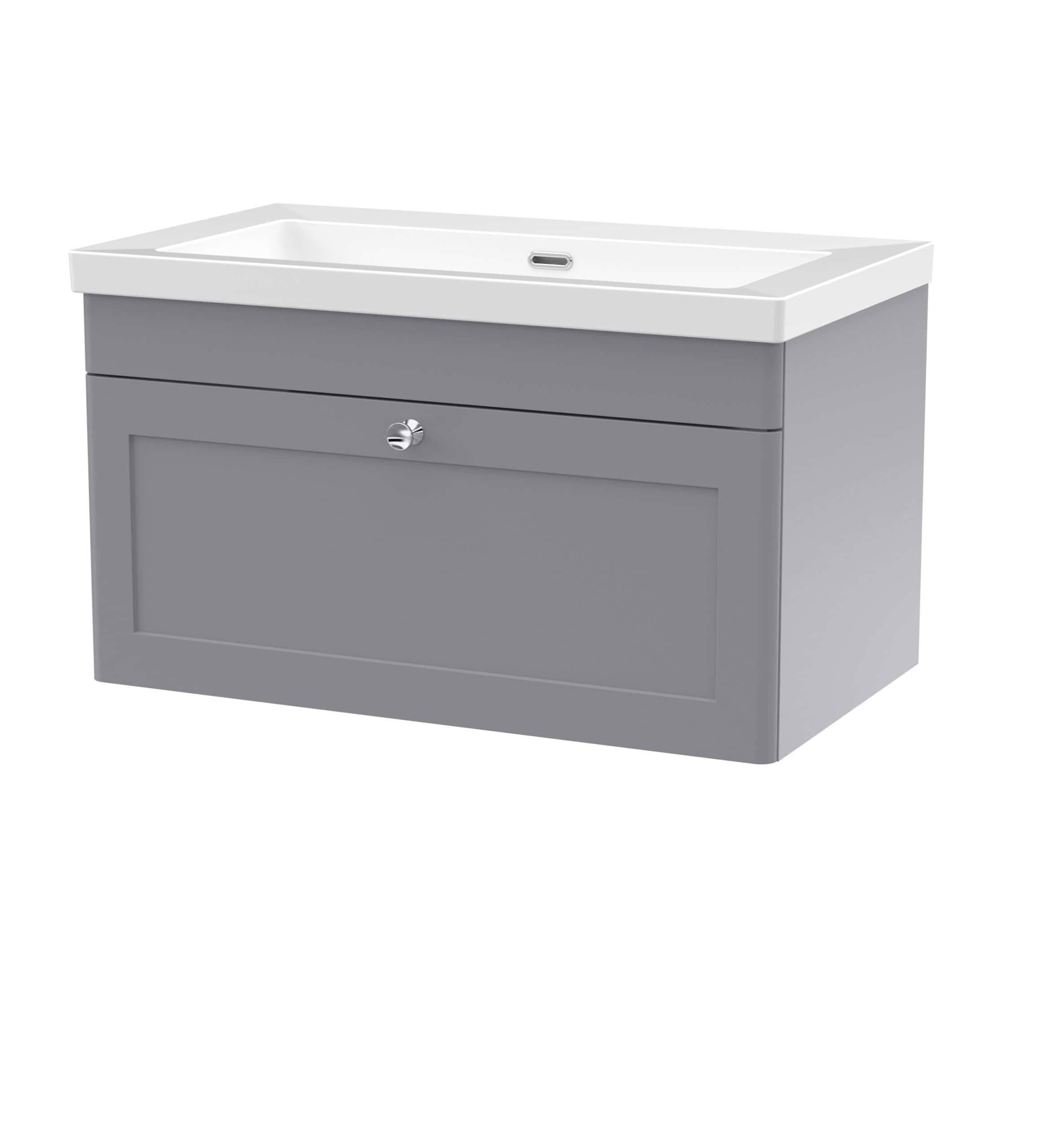 Sleek grey bathroom vanity with storage cabinet and integrated sink, ideal for modern bathrooms and washroom organisation. Perfect for stylish, functional bathroom furniture solutions.