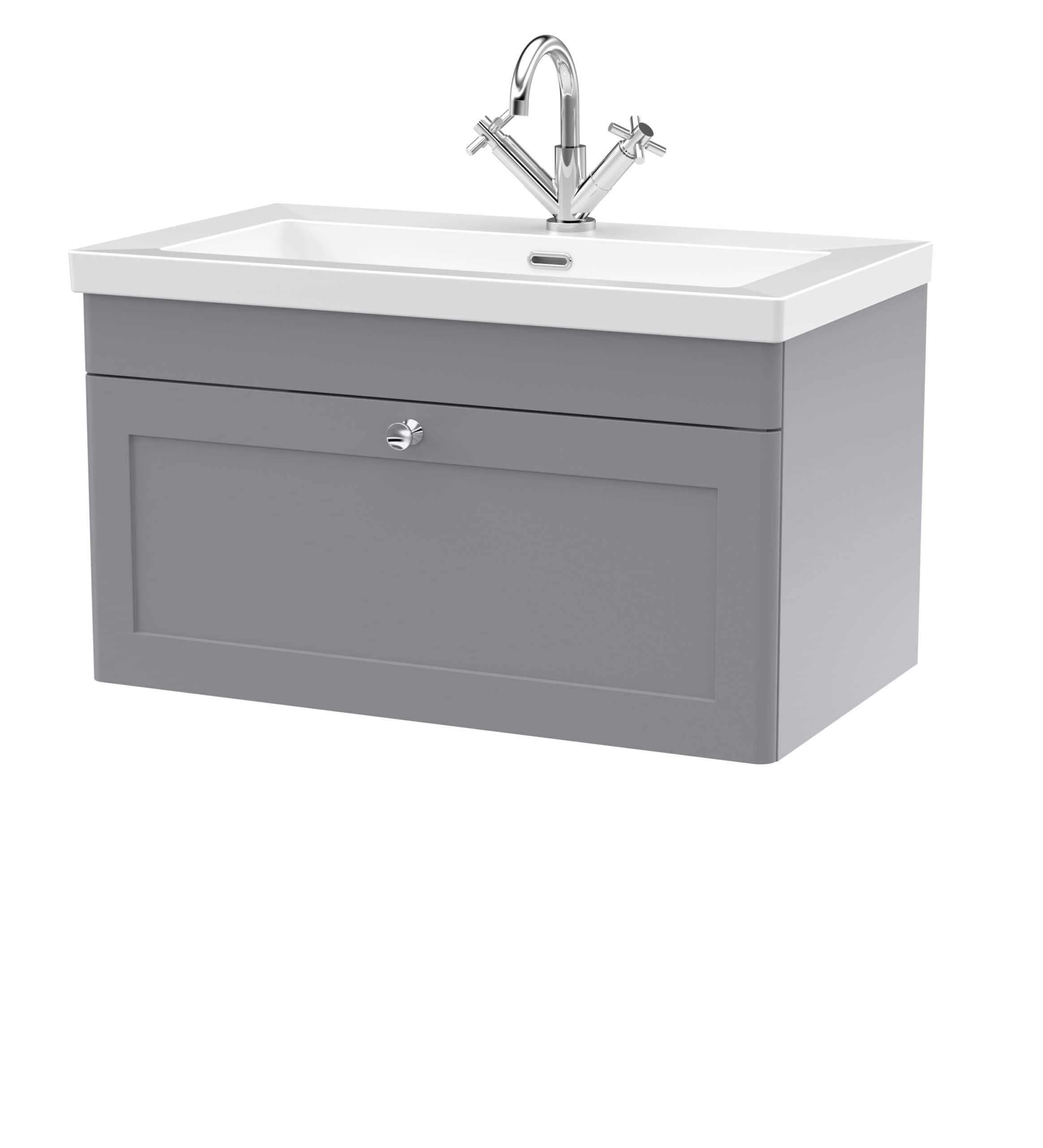 Shower vanity unit with white sink and grey cabinet featuring storage space, modern bathroom furniture, stylish design, and practical solution for bathroom organisation.