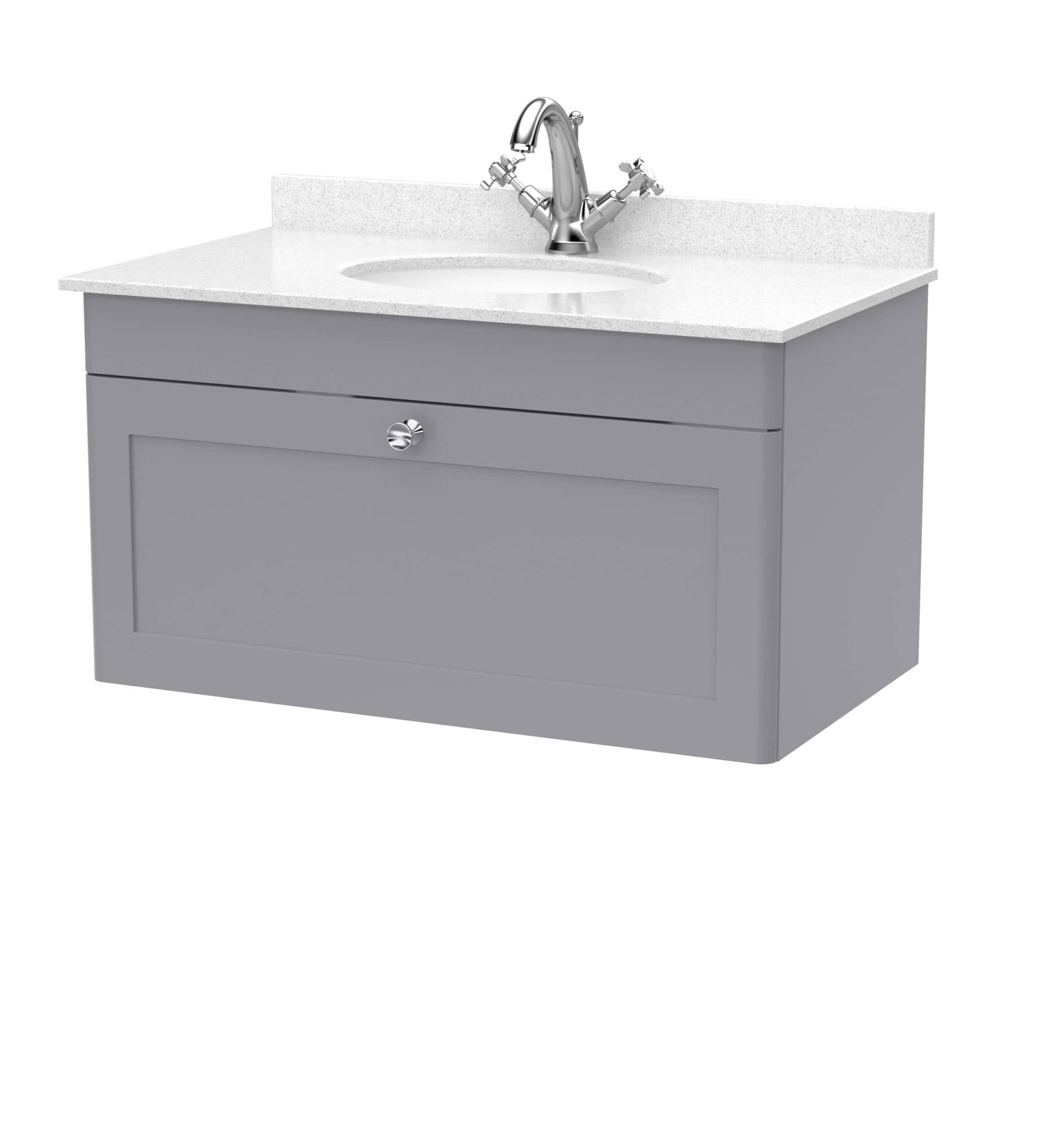Modern grey bathroom vanity unit with integrated sink and chrome faucet, ideal for contemporary bathroom bathroom bathroom decor and storage solutions.