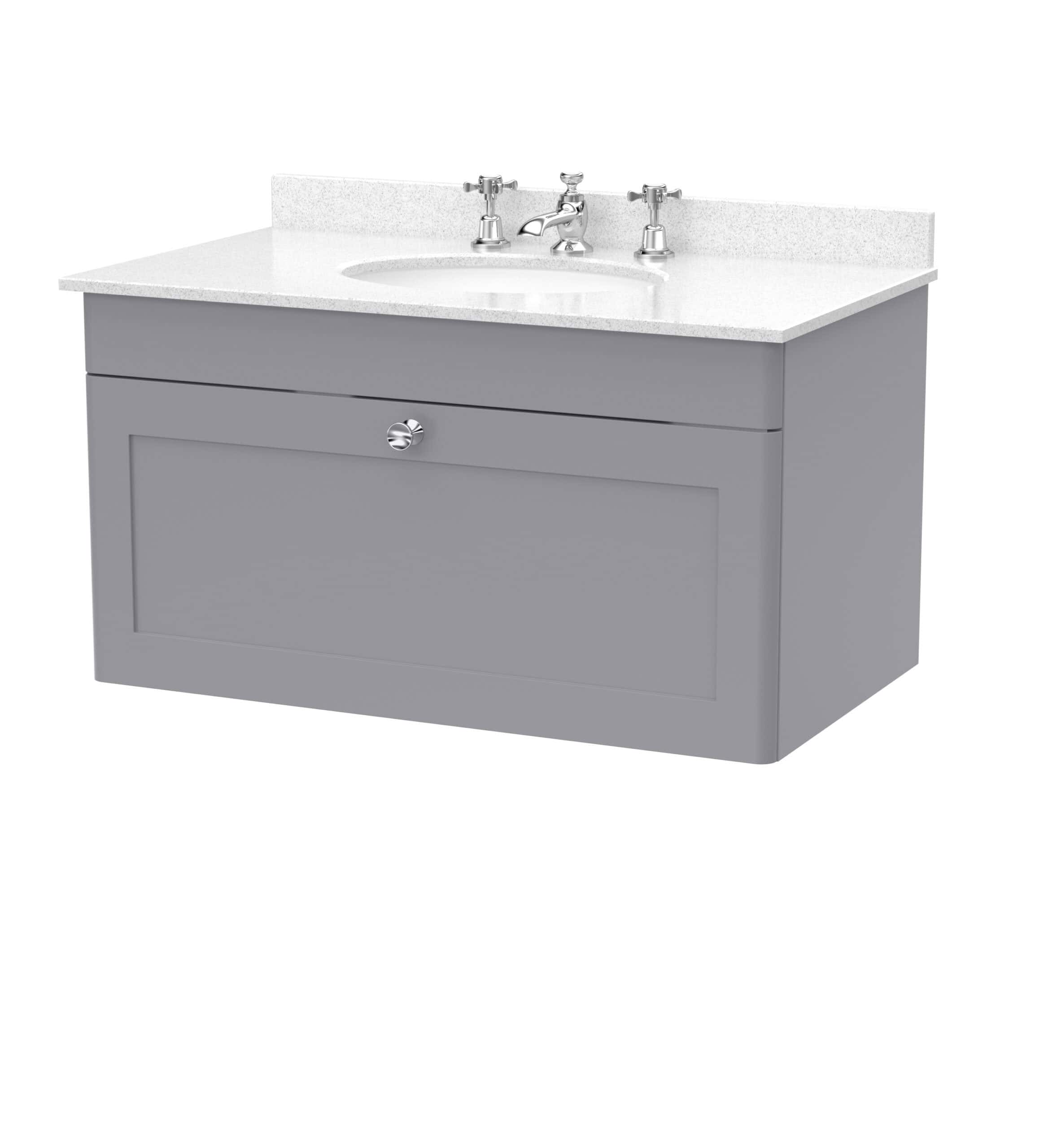 Polished grey bathroom vanity with integrated sink and chrome fixtures, ideal for modern bathroom designs and bathroom renovation projects.
