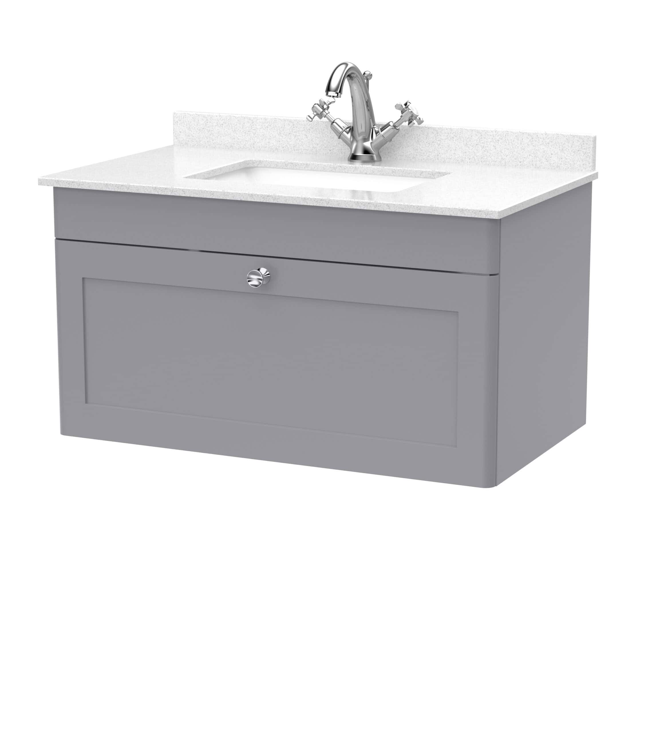 Shower vanity unit with white countertop and silver taps, modern bathroom furniture, stylish washbasin, grey bathroom cabinet, high-quality bathroom sink and storage for modern bathrooms.