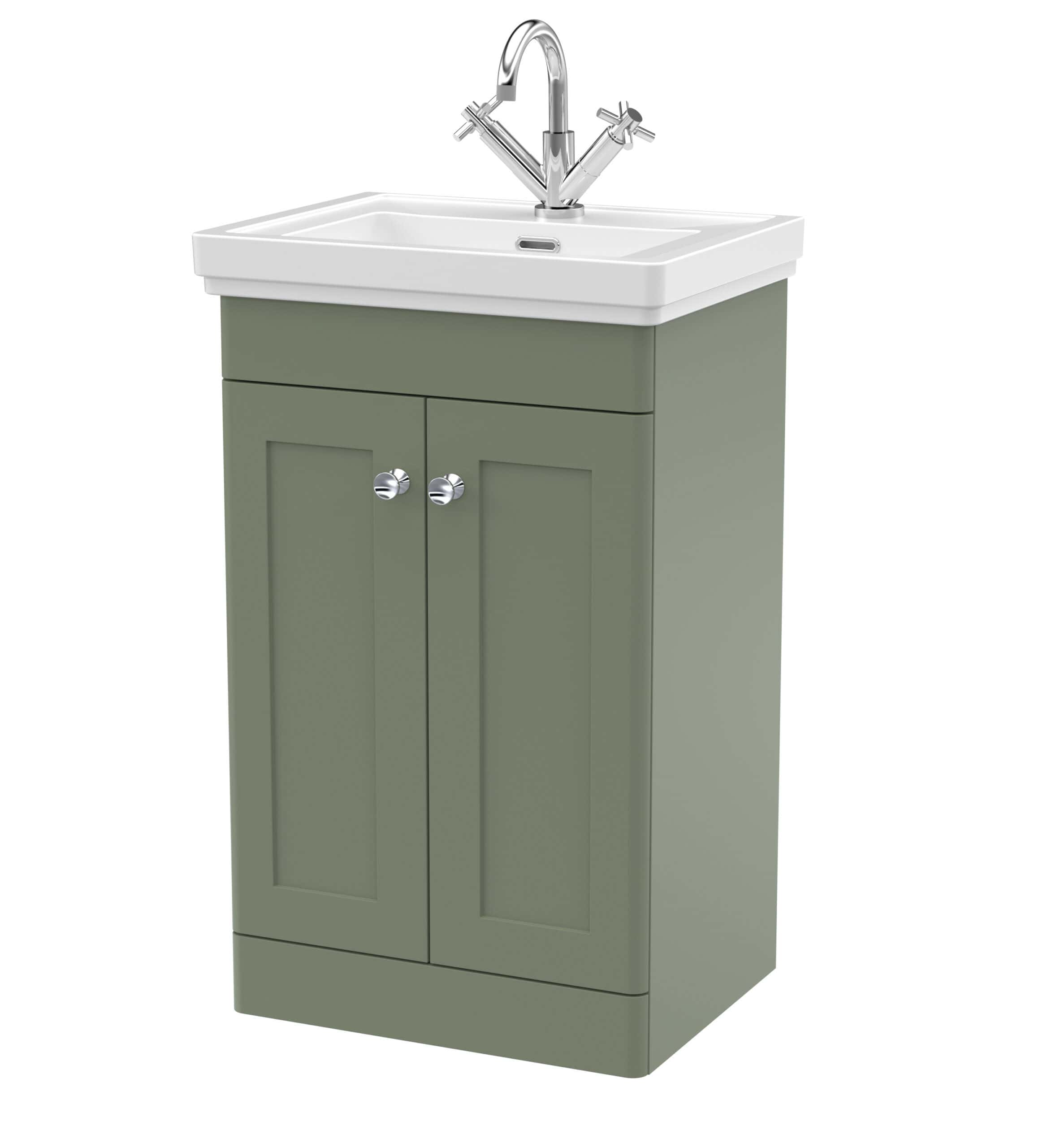Modern green bathroom vanity with white ceramic sink and chrome tap, ideal for stylish bathroom storage and fixtures.