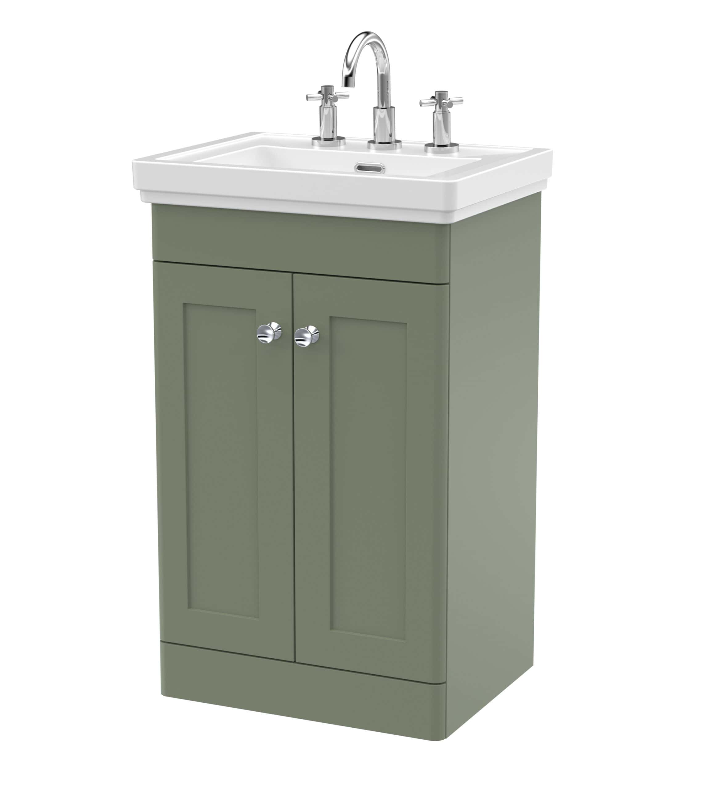 Sustainable green bathroom vanity with a white ceramic sink and chrome faucets. Perfect for modern bathrooms, combining functionality with stylish design.
