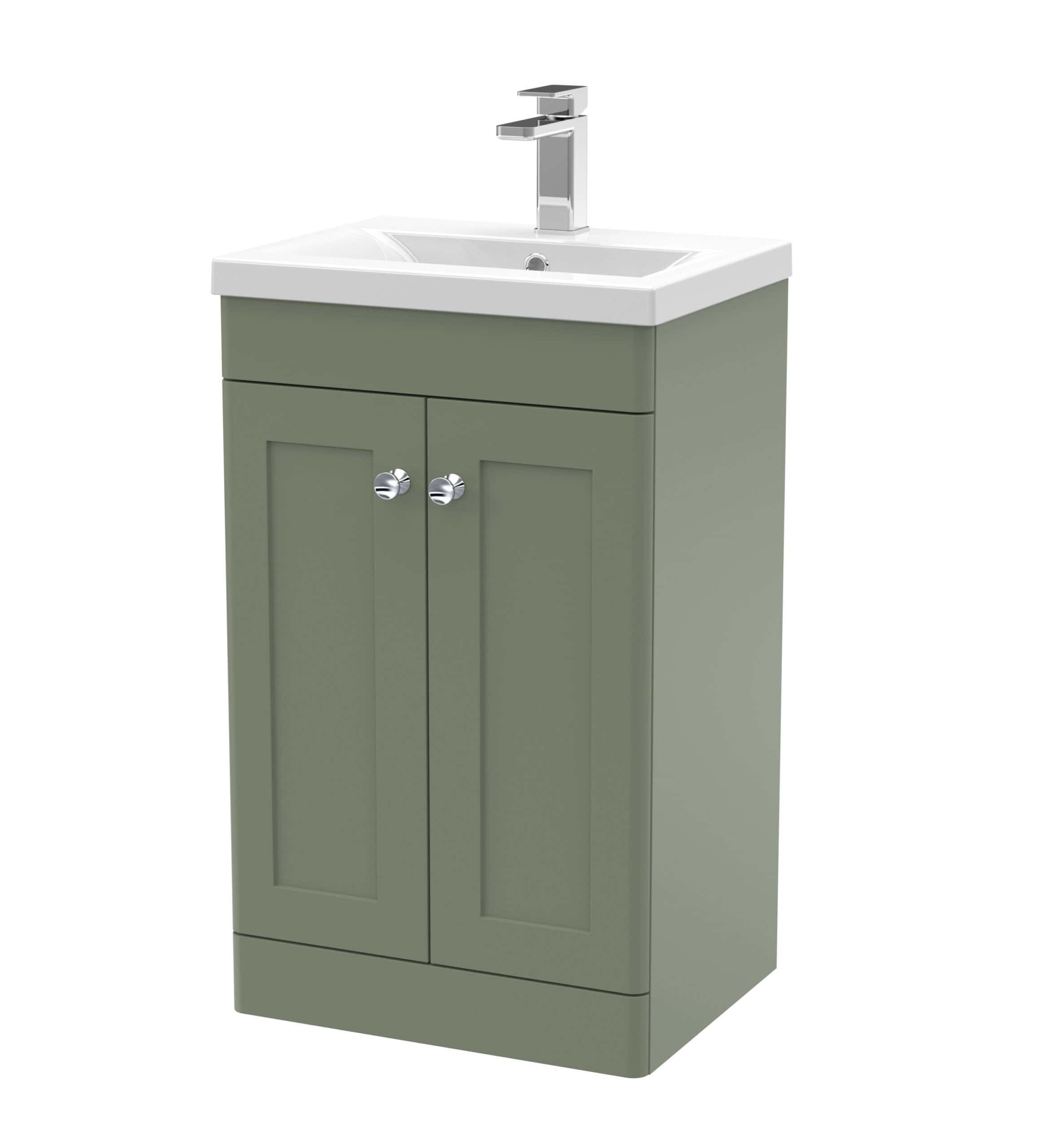 Modern bathroom vanity with fitted sink and stylish cabinetry in sage green, perfect for contemporary bathroom designs and functional storage solutions.