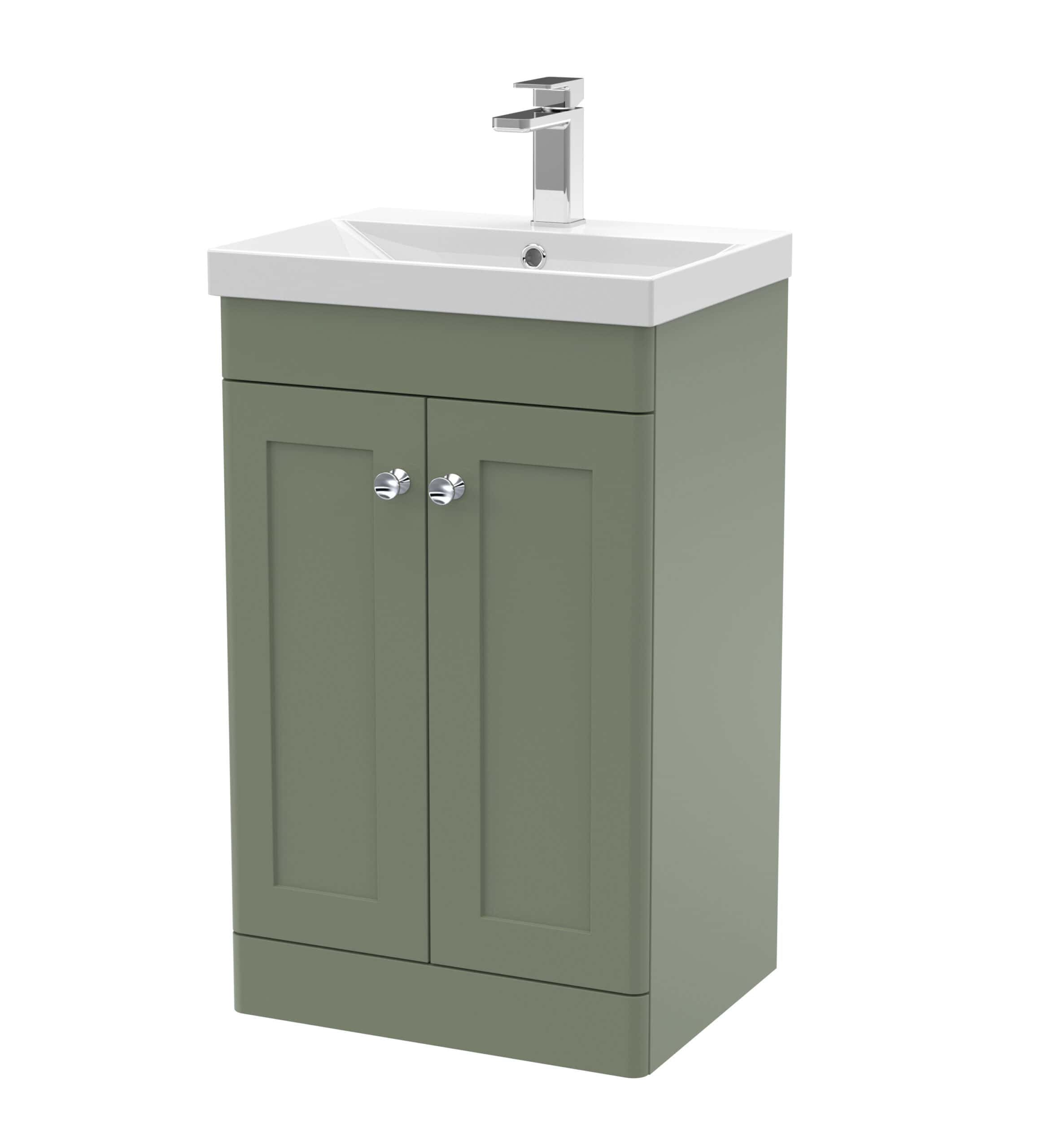 Modern bathroom vanity unit with integrated sink, green finish, and chrome handles, ideal for stylish bathroom storage and washbasin setup.