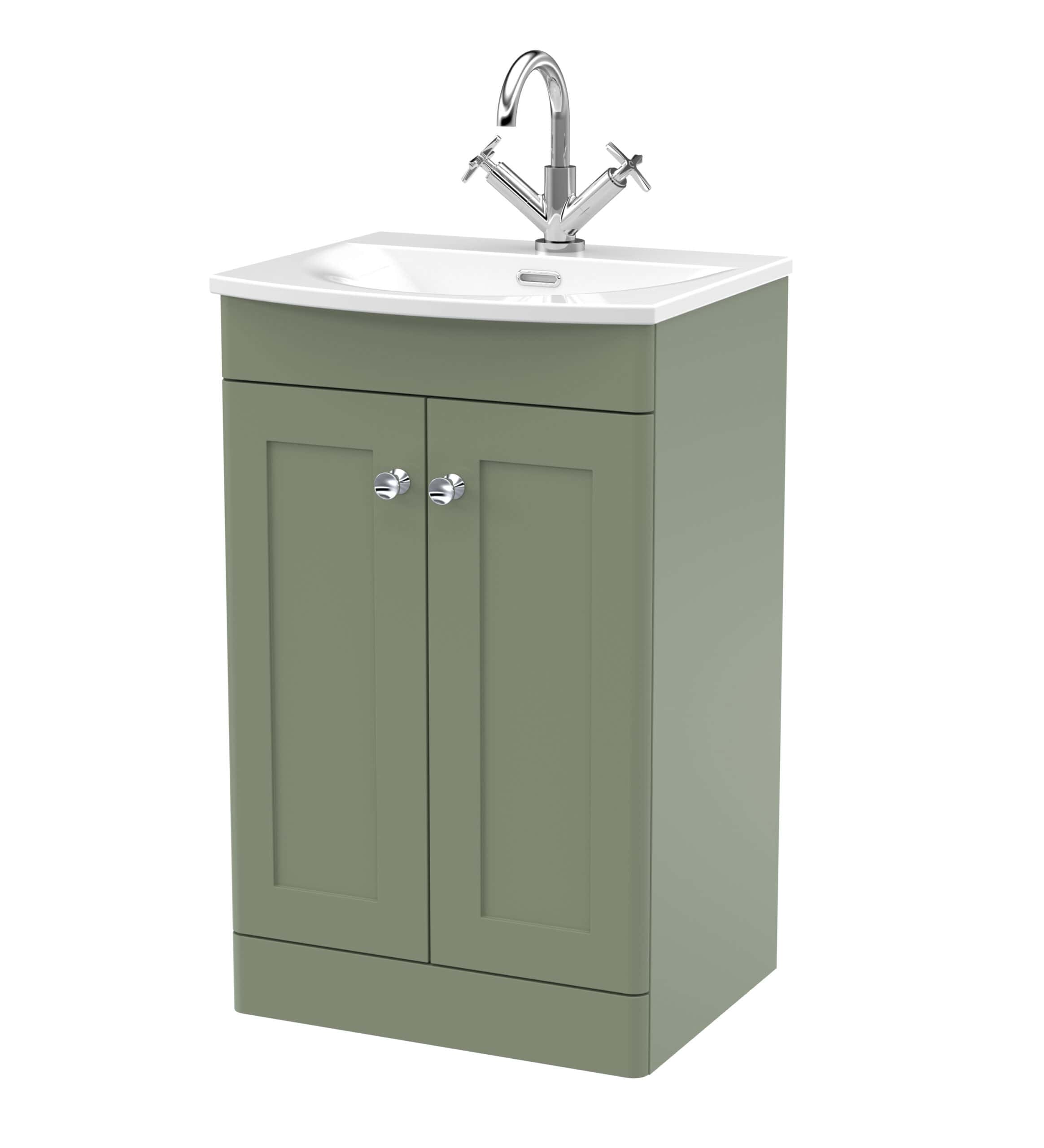 Modern green bathroom vanity unit with integrated sink and chrome tap for stylish, functional bathroom storage and plumbing essentials.