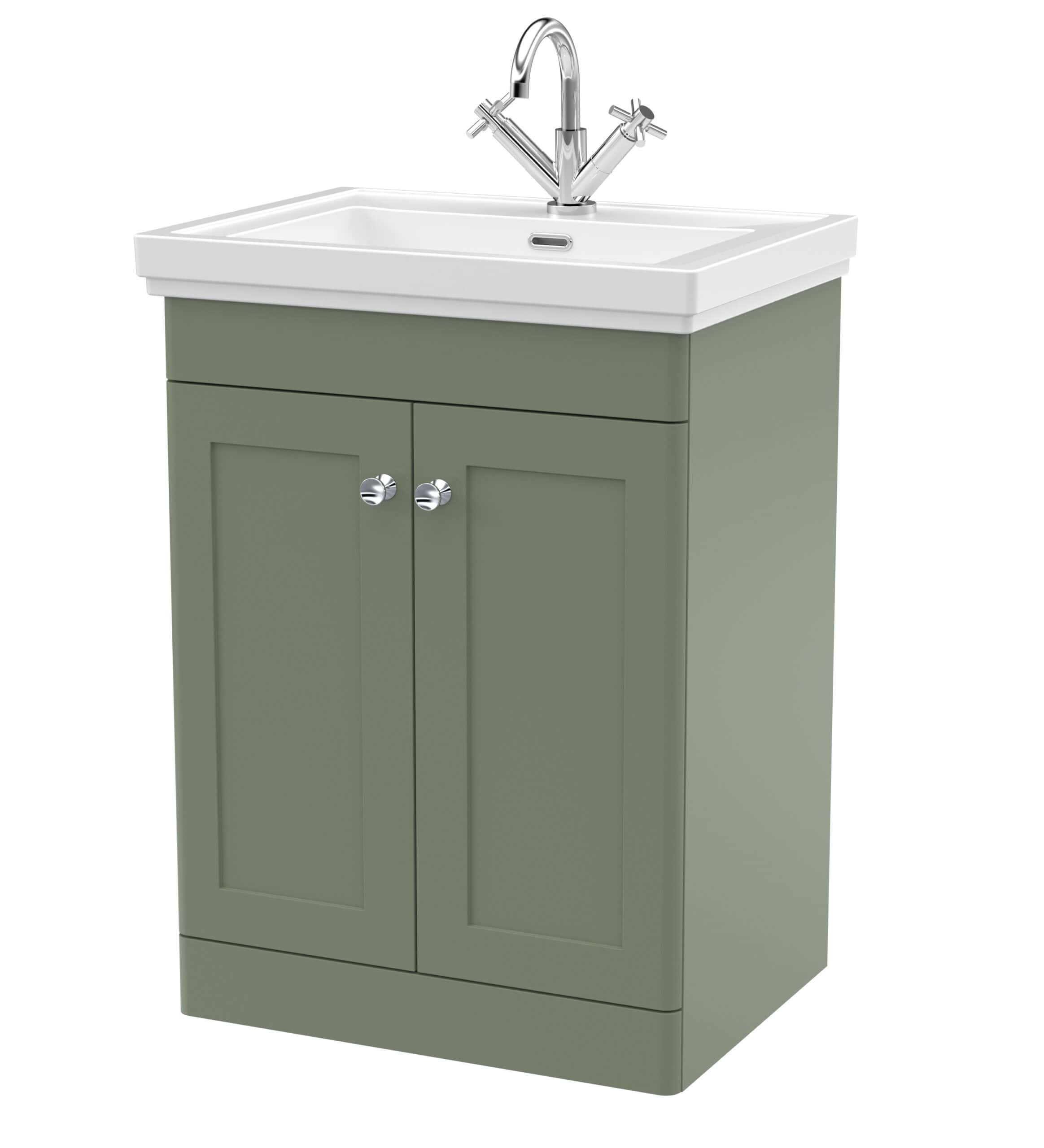 Modern bathroom vanity unit with integrated sink, stylish chrome taps, and storage cupboards, perfect for contemporary bathroom designs.