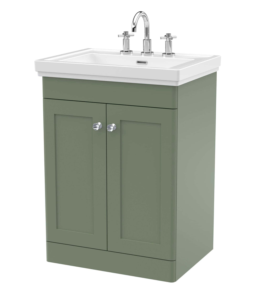 Elegant bathroom vanity unit with a white ceramic sink, chrome taps, and green cabinetry, perfect for modern bathroom decor and storage solutions.