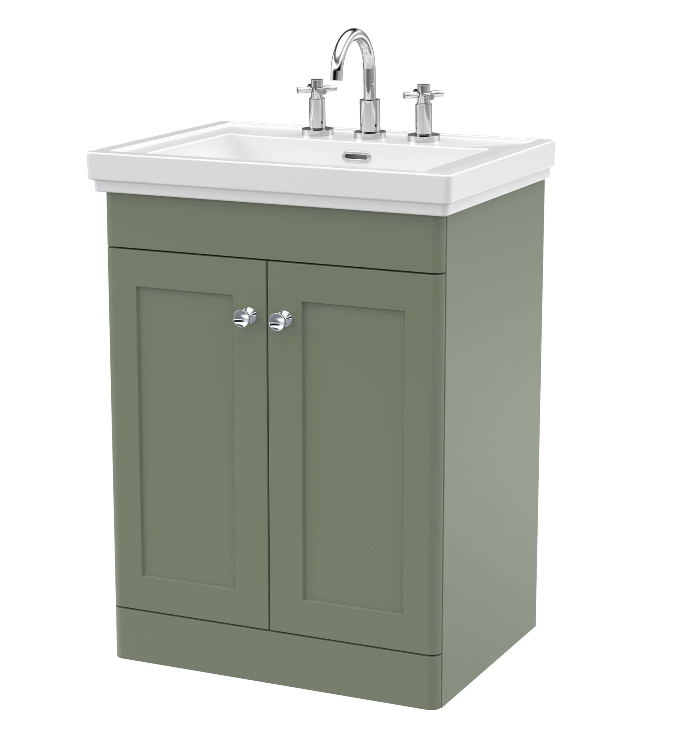 Elegant bathroom vanity unit with a white ceramic sink, chrome taps, and green cabinetry, perfect for modern bathroom decor and storage solutions.