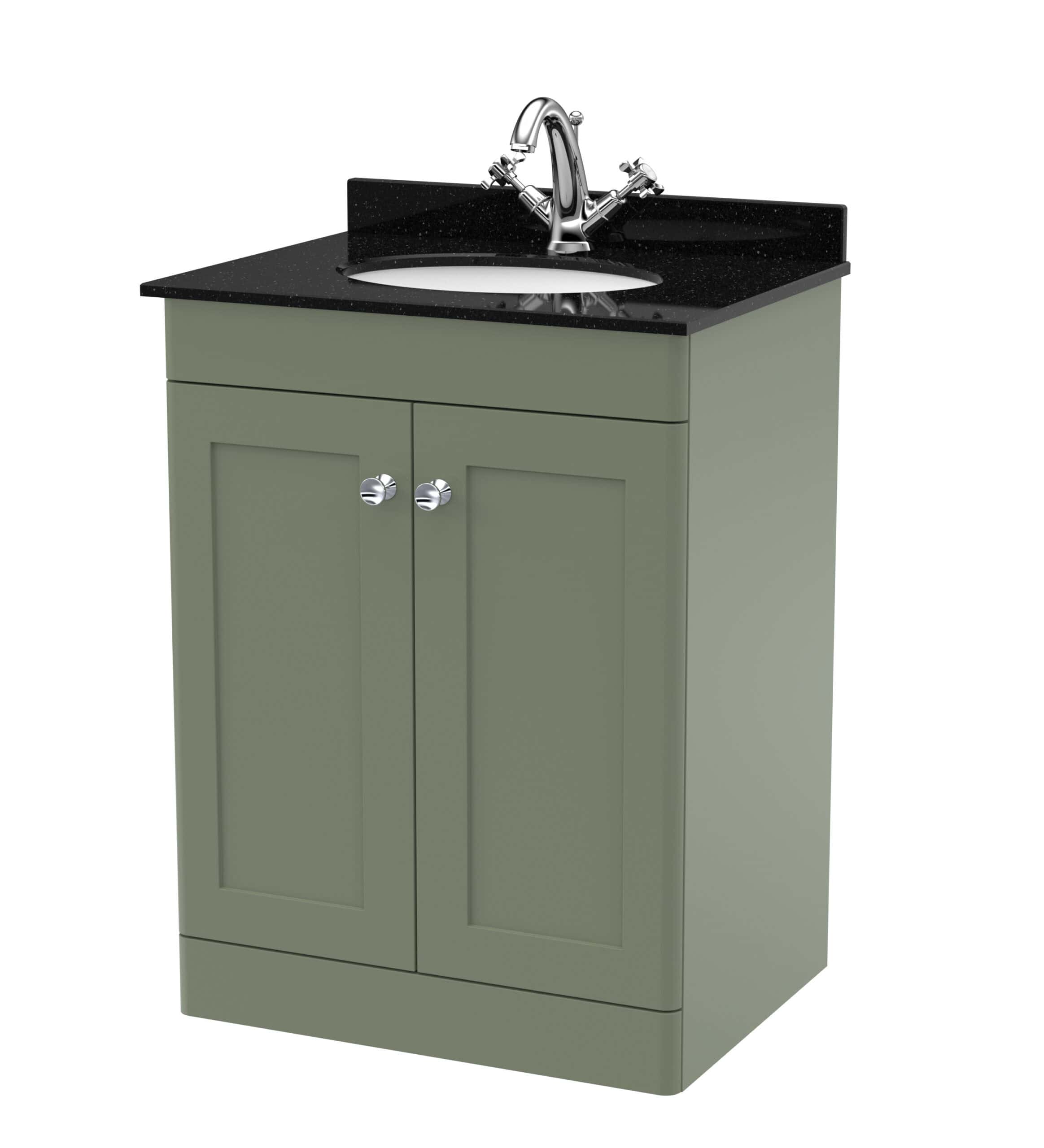 Sustainable green bathroom sink vanity with black granite countertop and chrome fixtures, ideal for modern bathroom remodels and stylish storage solutions.