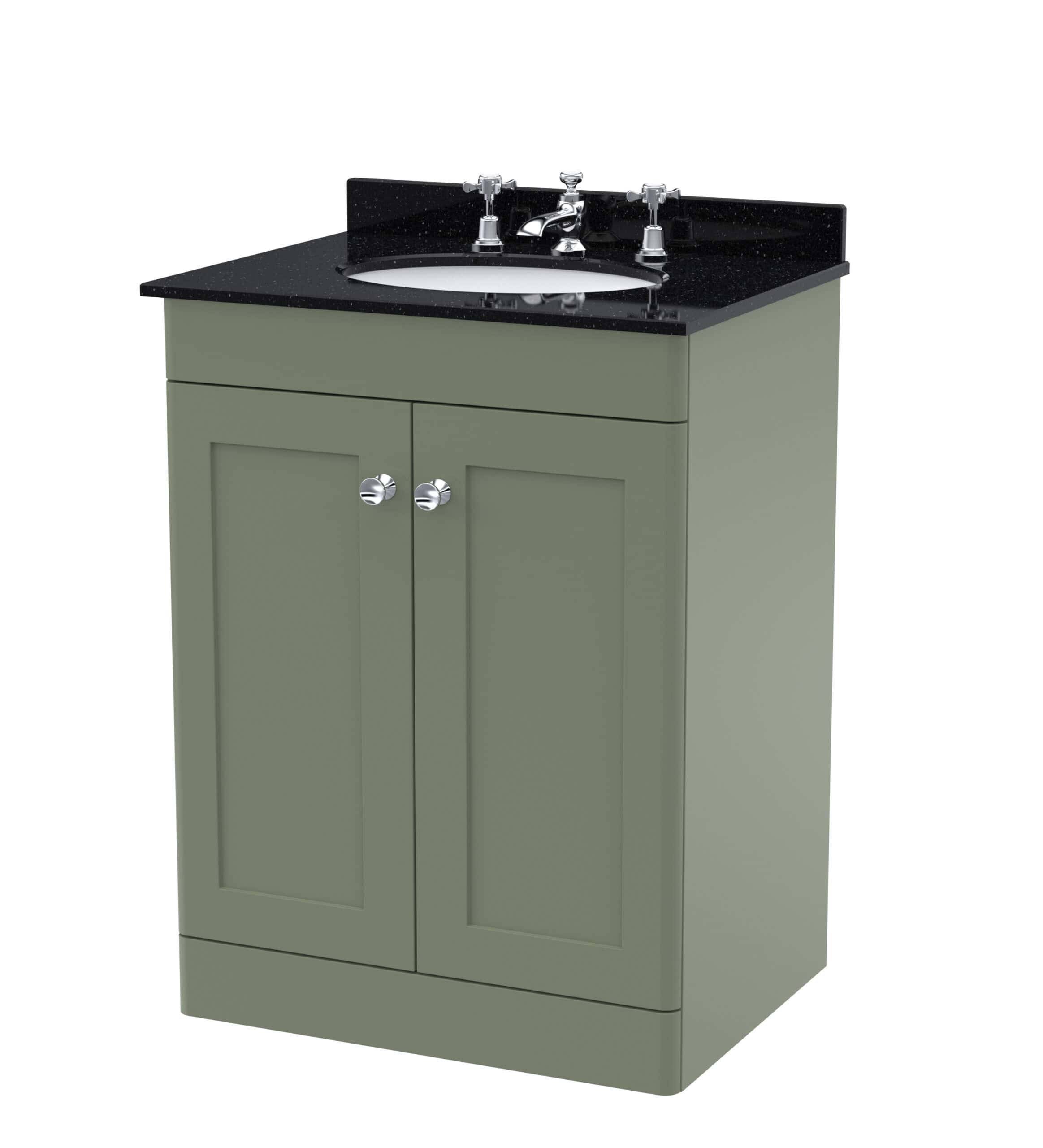 Stylish green bathroom vanity with black marble countertop and integrated sink, featuring chrome fixtures and storage cabinets, perfect for modern bathroom renovations.