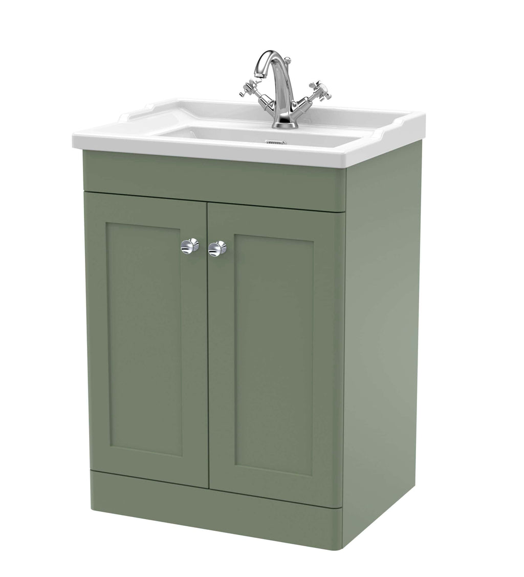 Bright green bathroom vanity with ceramic sink and shiny chrome faucet, ideal for modern bathroom decor. Durable storage cabinet with double doors, perfect for organising essentials.