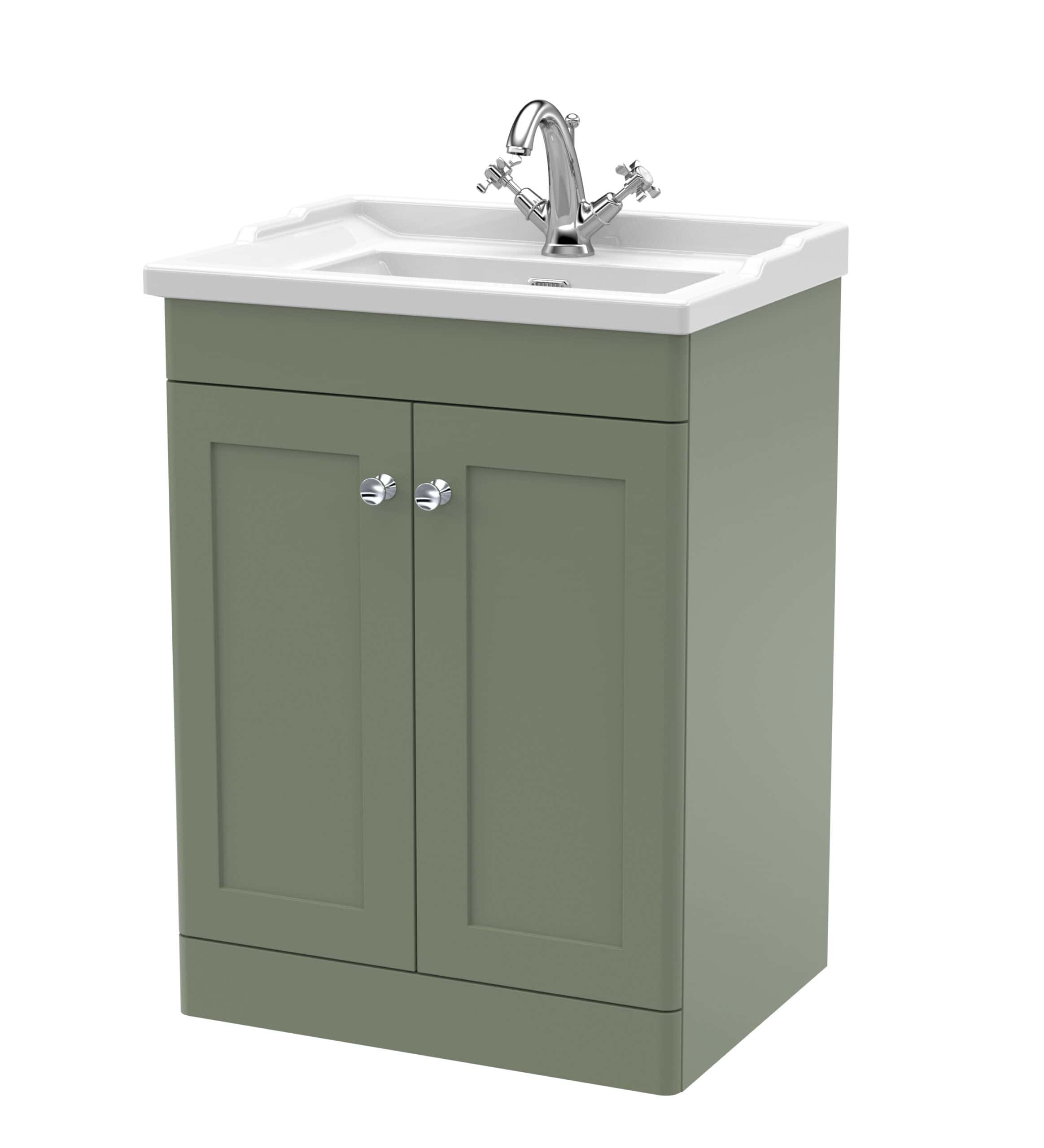 Bright green bathroom vanity with ceramic sink and shiny chrome faucet, ideal for modern bathroom decor. Durable storage cabinet with double doors, perfect for organising essentials.