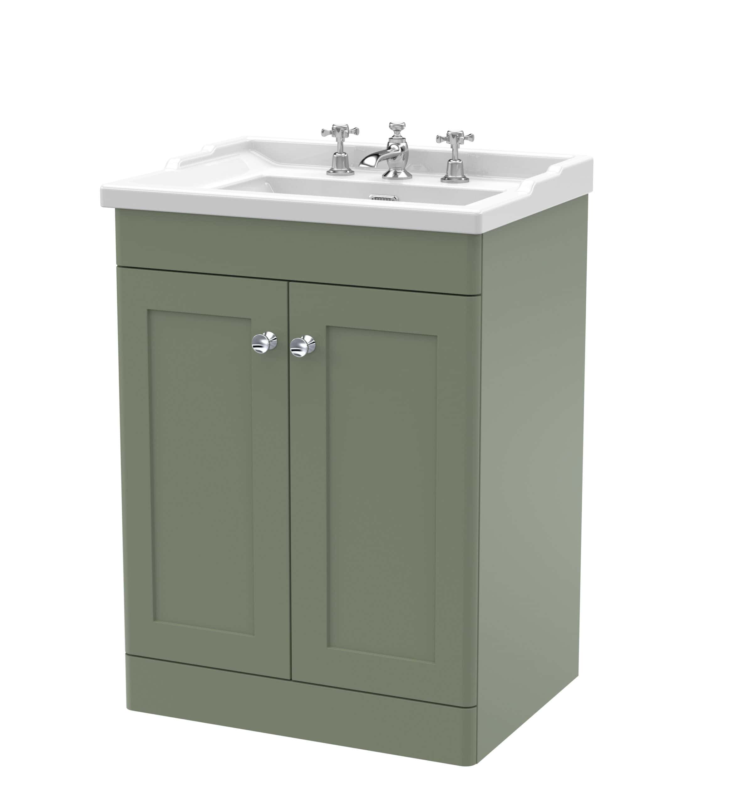Modern bathroom vanity with green cabinet and white ceramic sink, featuring chrome taps and storage space, perfect for stylish bathroom design.