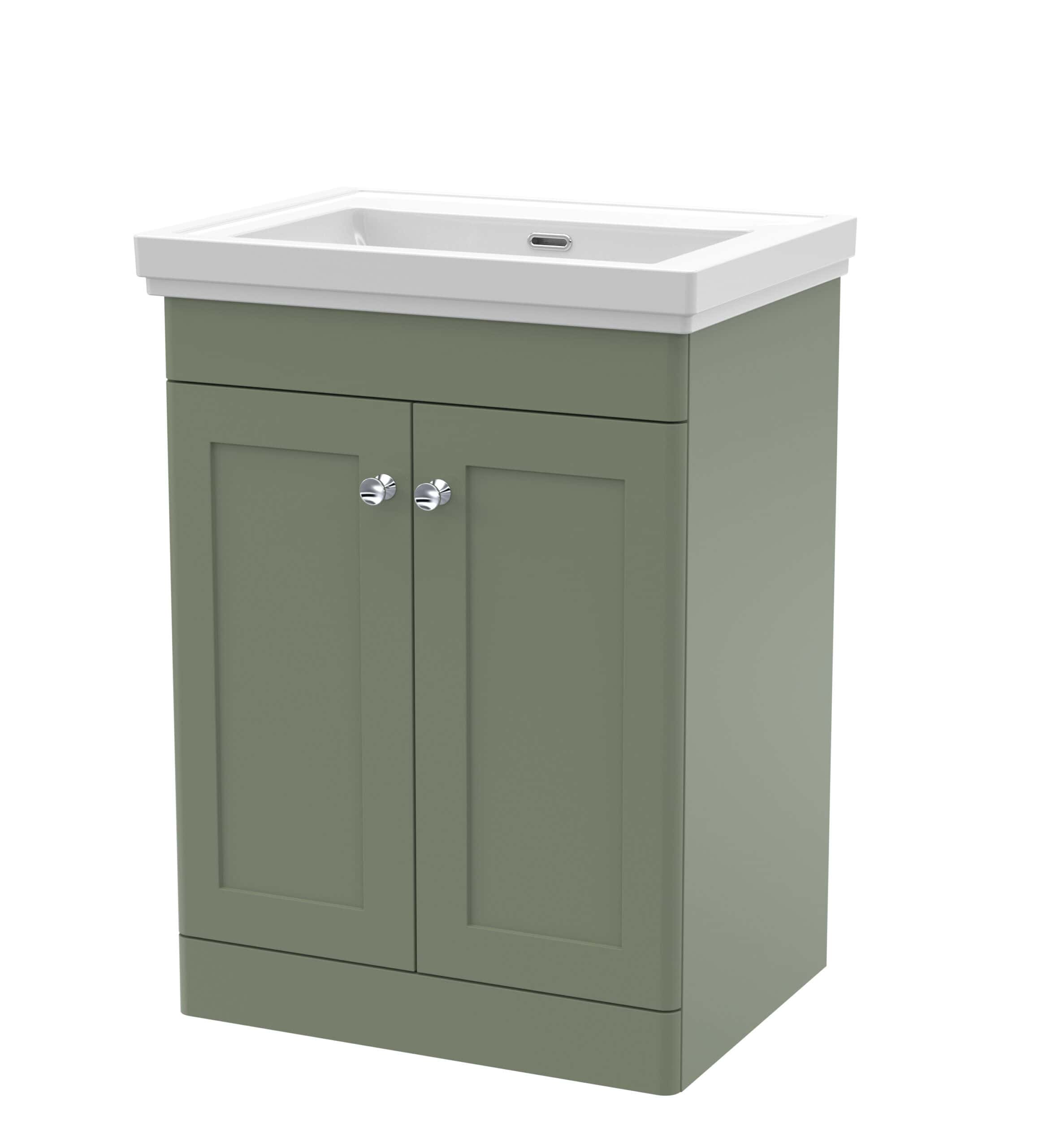 Natural green bathroom vanity with ceramic sink, stylish storage cabinet for modern bathroom fixtures.