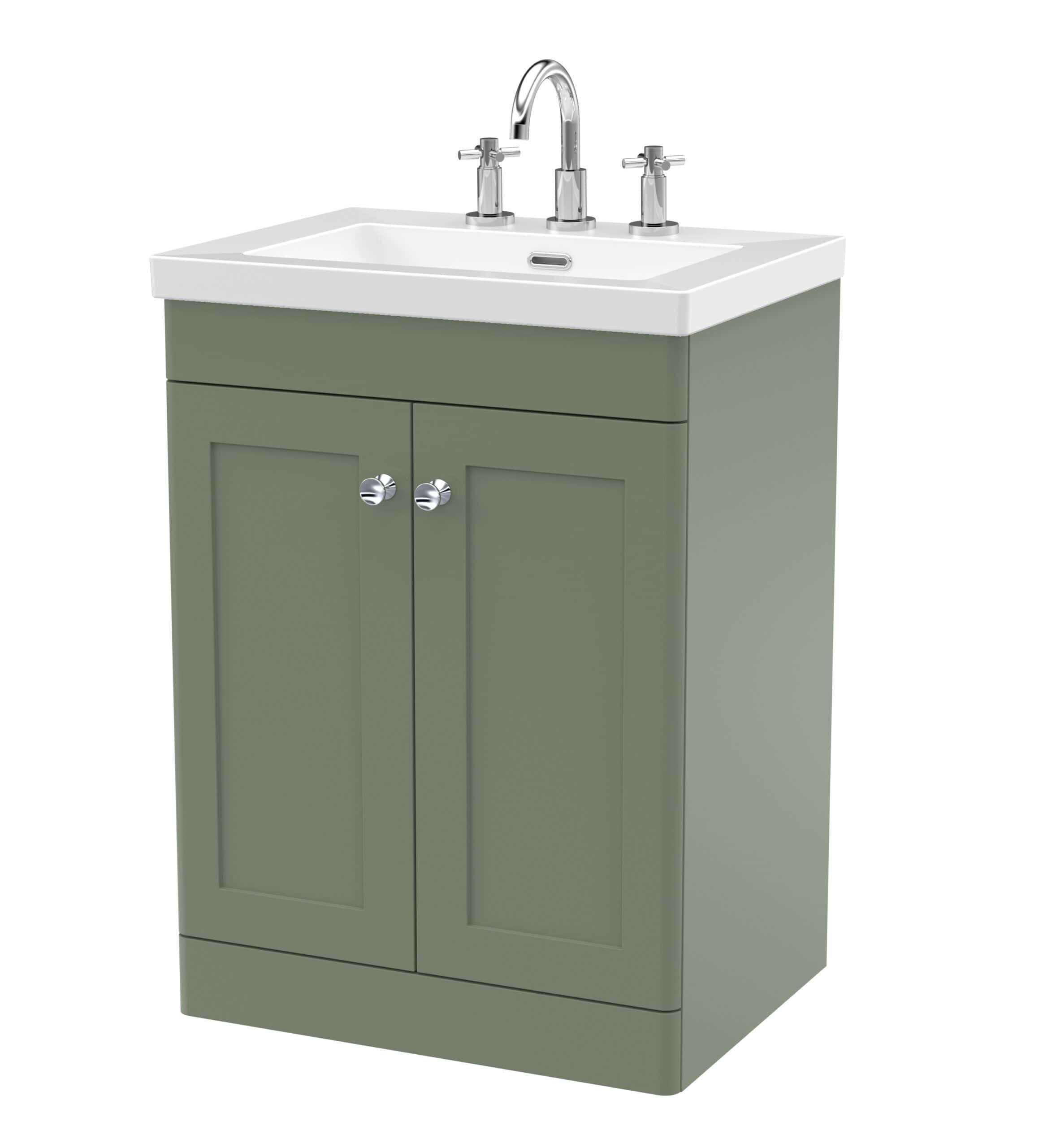 Modern bathroom vanity unit with ceramic sink and chrome taps, ideal for stylish bathroom decor and storage solutions.
