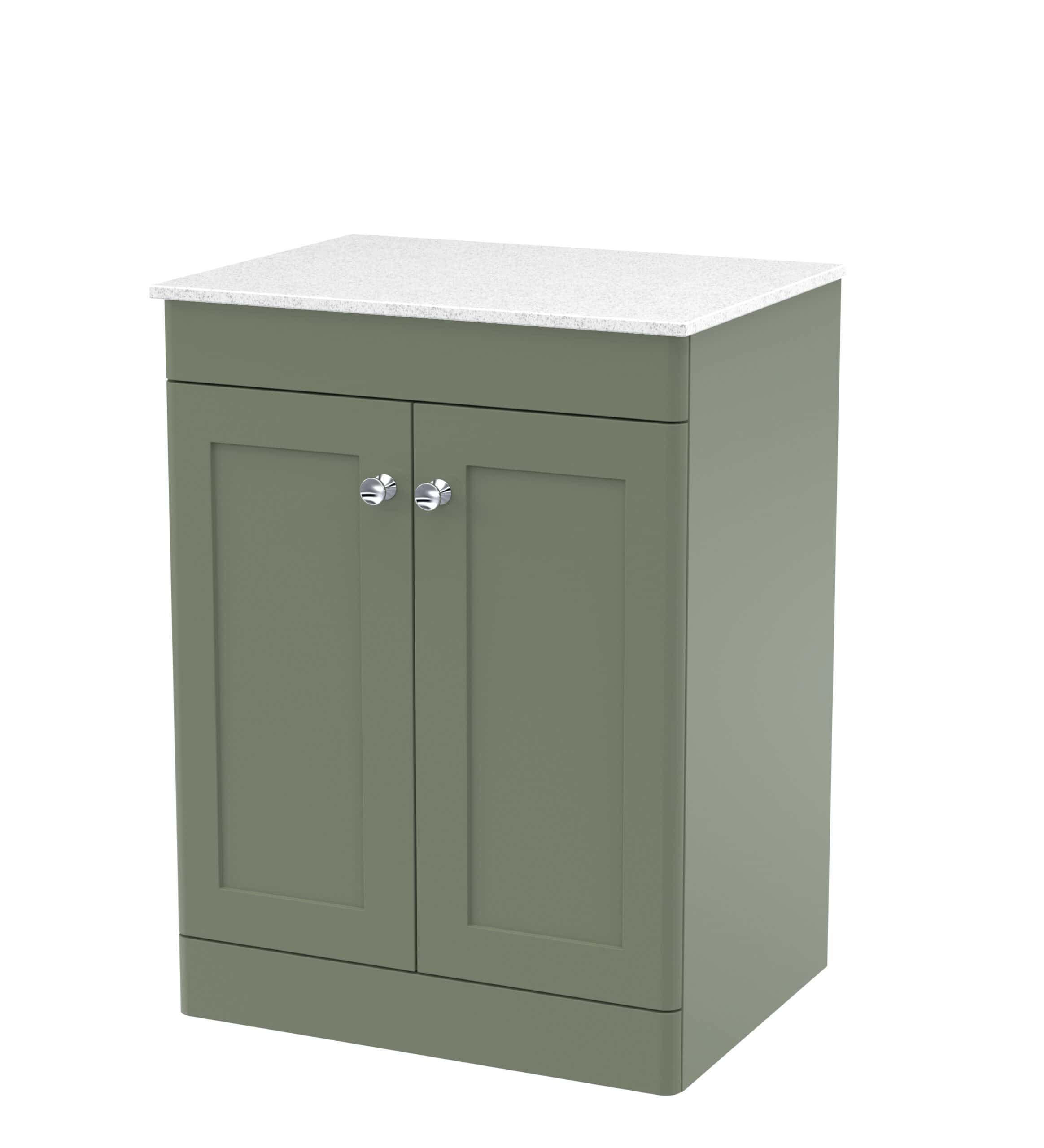 Green bathroom cabinet with white granite countertop, stylish storage solution for modern bathrooms. Durable, functional and perfect for organising toiletries and bathroom essentials.