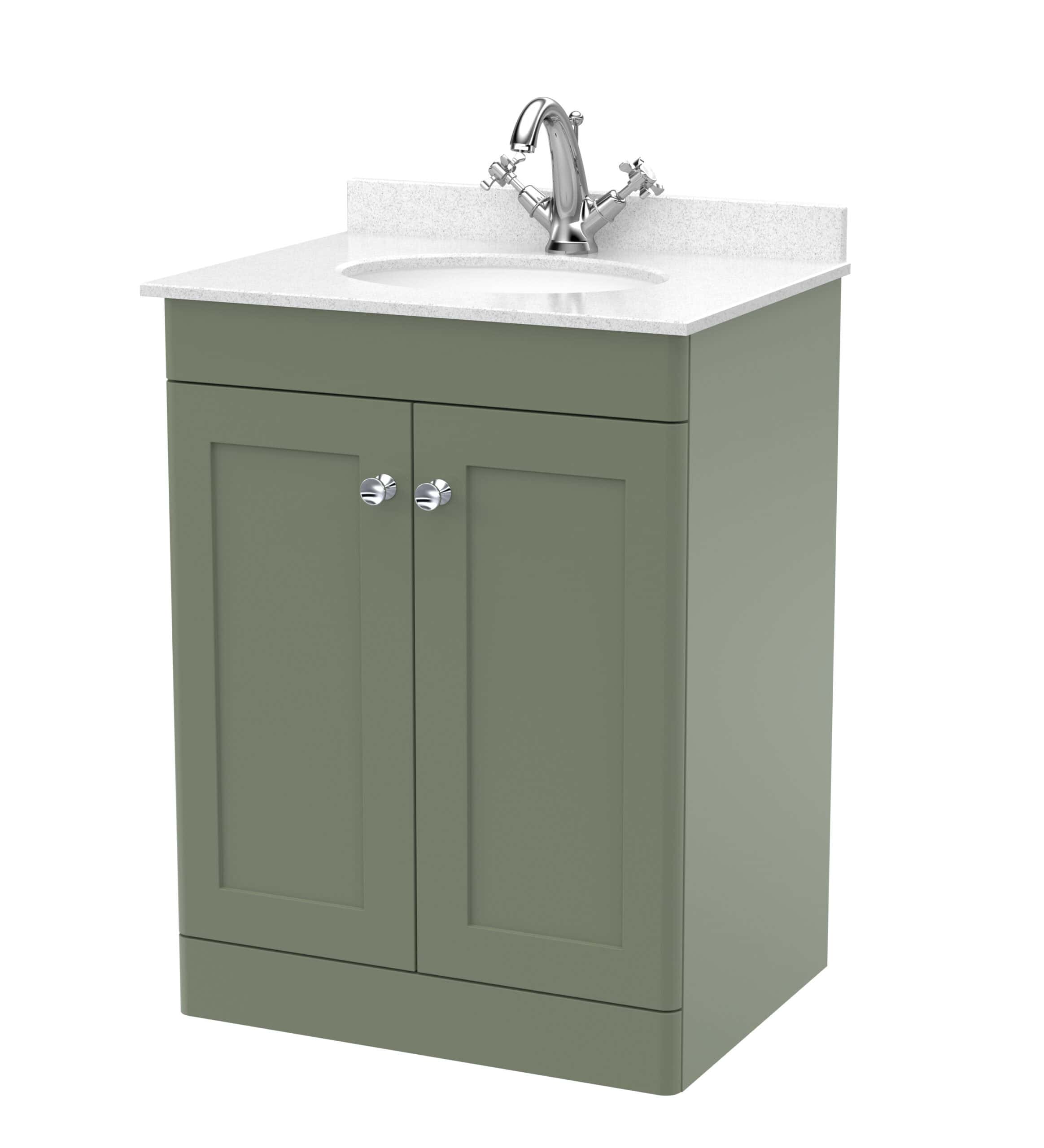 Bright green bathroom vanity with white countertop and chrome tap for modern bathroom decor.