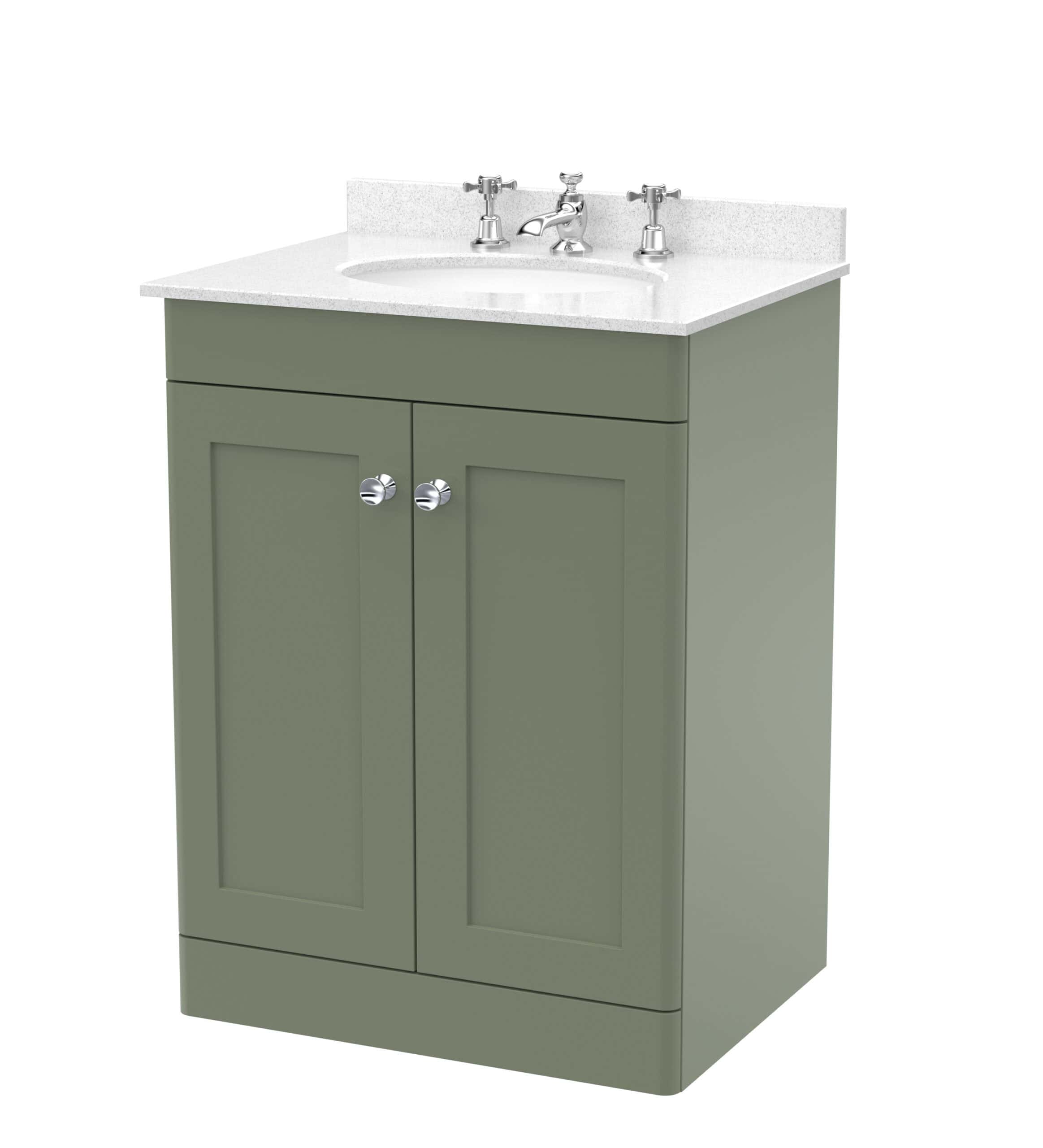Decorative bathroom vanity unit with basin, green finish, brushed chrome handles, and classic brass taps; perfect for stylish and functional bathroom storage.