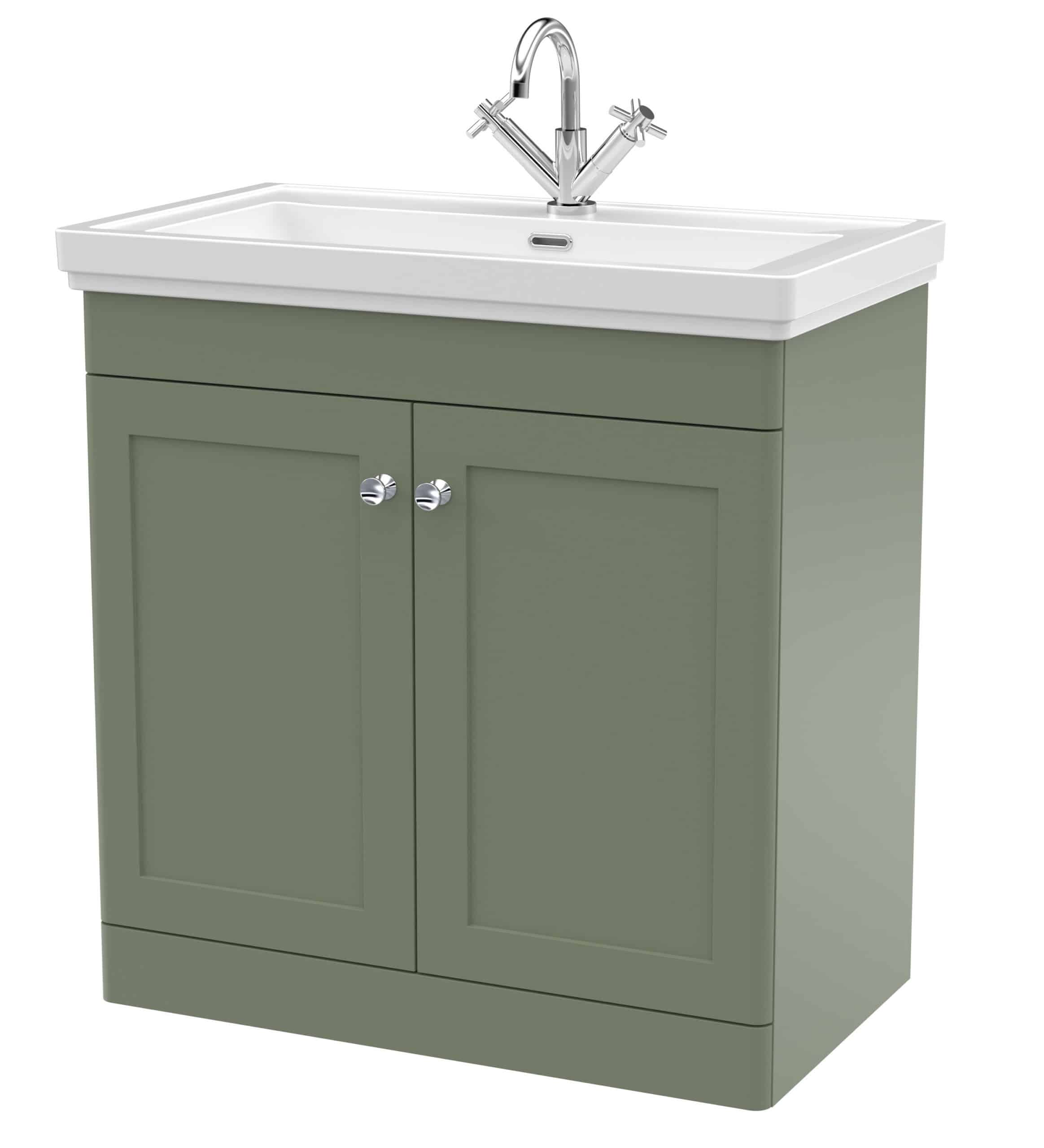 Vintage green bathroom vanity unit with ceramic sink and chrome faucet, ideal for modern and classic bathroom design.