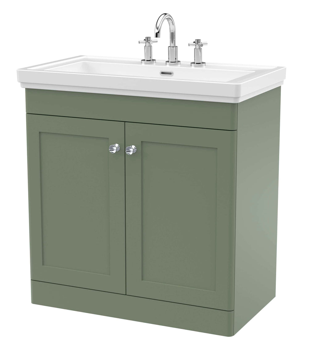 Solid green bathroom vanity with a white ceramic sink and chrome fixtures, ideal for modern or traditional bathroom decor, offering functional storage and elegant design.
