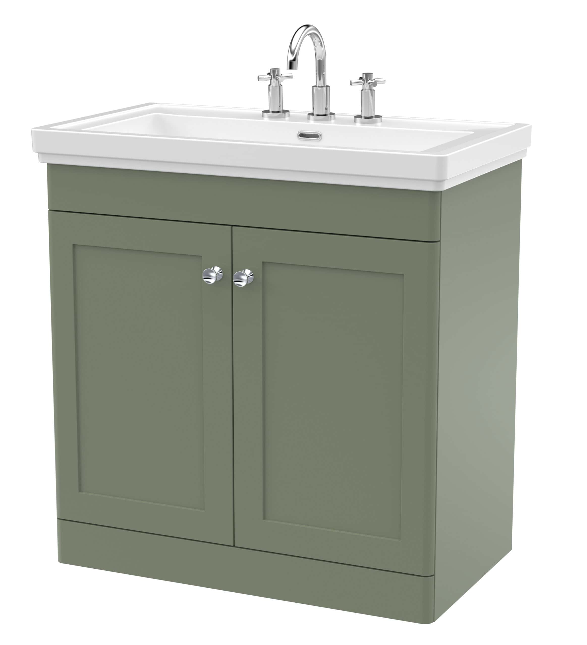 Solid green bathroom vanity with a white ceramic sink and chrome fixtures, ideal for modern or traditional bathroom decor, offering functional storage and elegant design.
