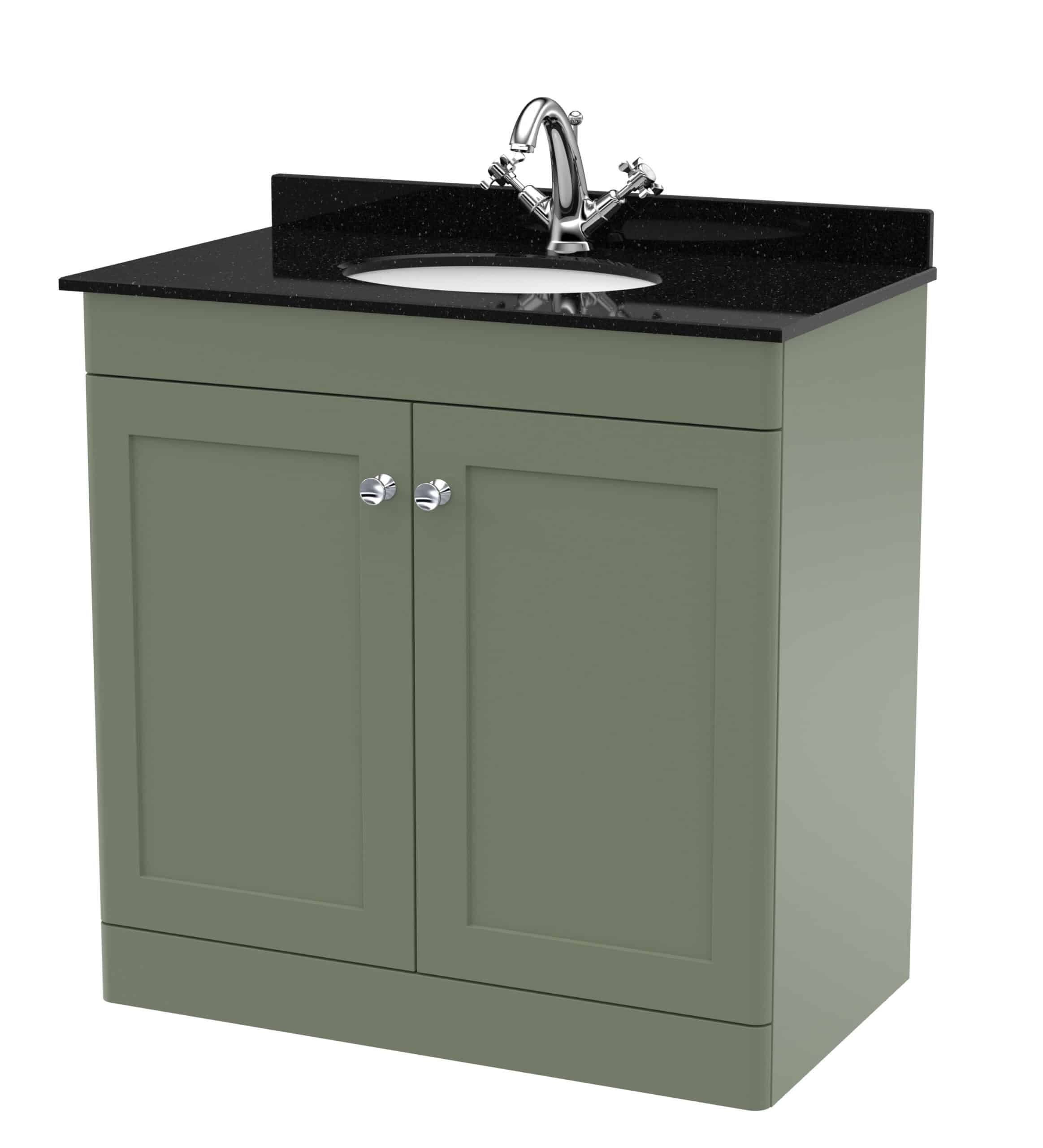 Modern green bathroom vanity with black granite countertop and chrome fixtures, ideal for contemporary bathroom decor and functional storage solutions.