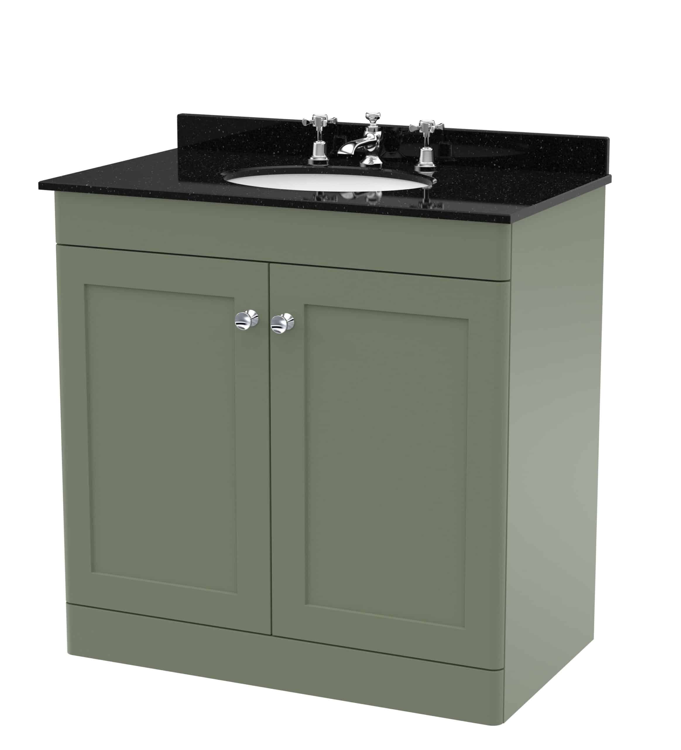 Sleek green bathroom vanity with black granite countertop and integrated sink, featuring modern chrome fixtures and storage cabinets for stylish bathroom organisation.