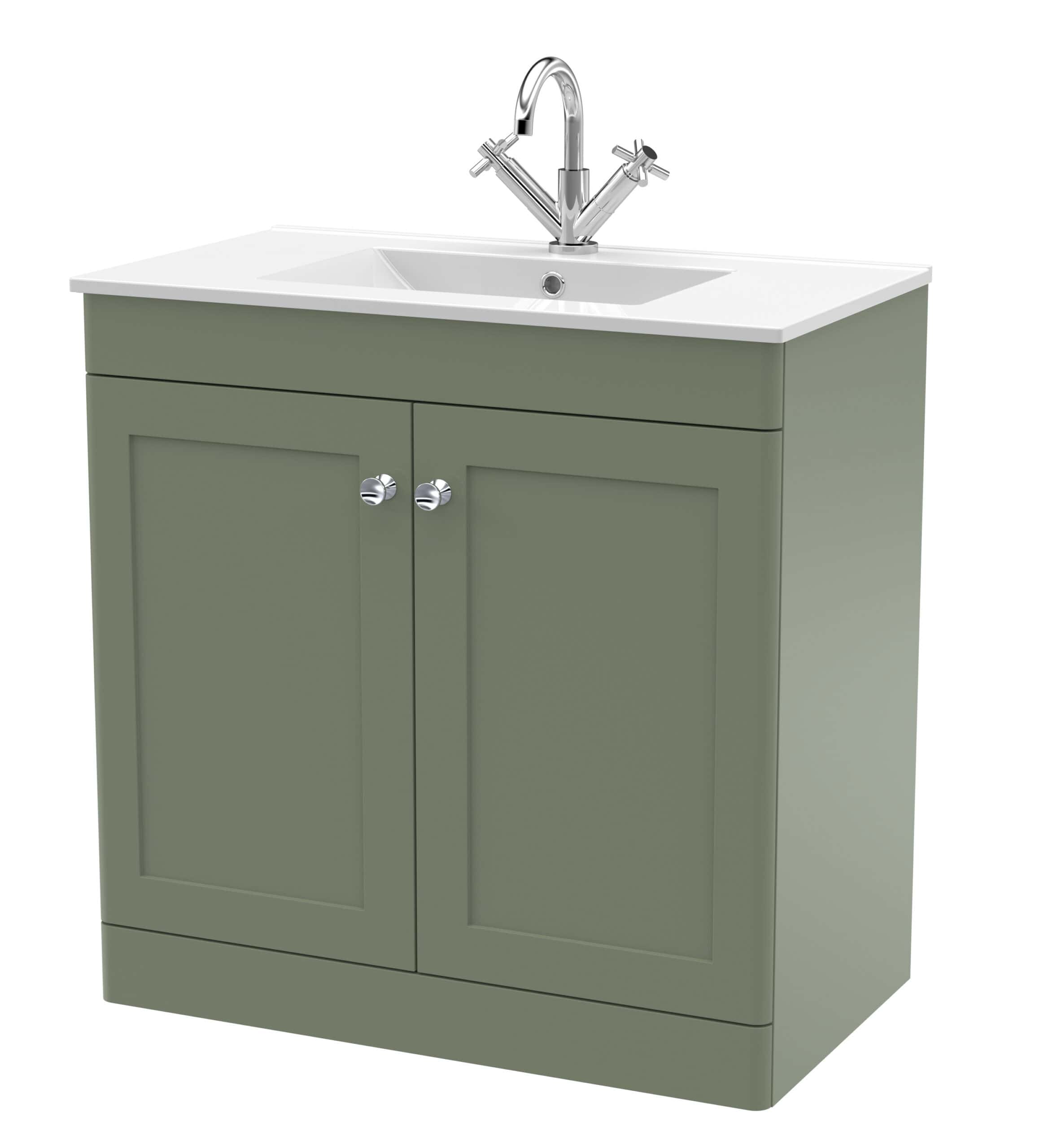 Modern green bathroom vanity with integrated sink and chrome faucet, perfect for contemporary bathroom design, offering stylish storage solutions and elegant aesthetics.