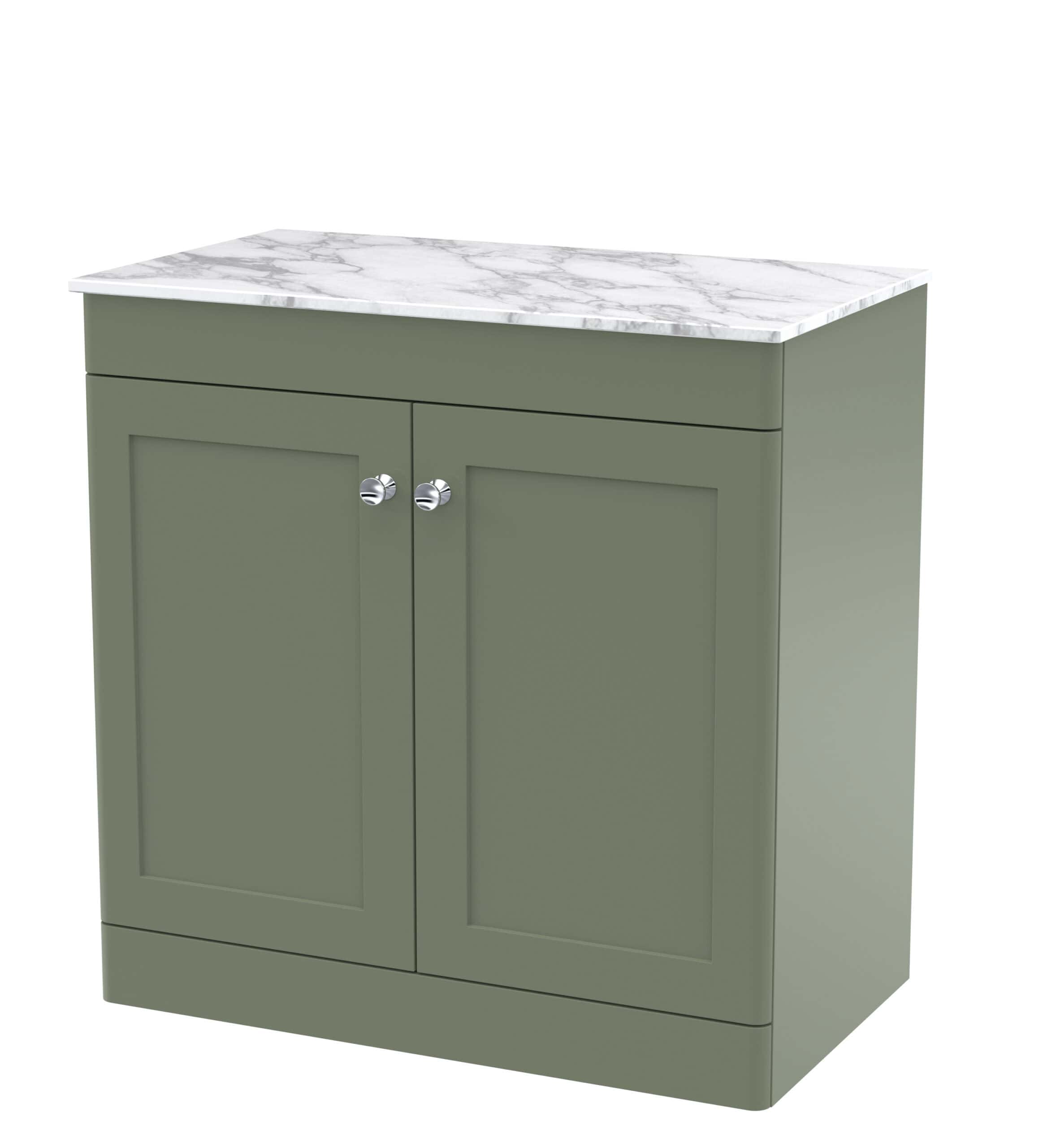 Stylish bathroom vanity unit with a spacious storage cabinet and a marble-effect countertop, perfect for modern bathroom decor and organisation.