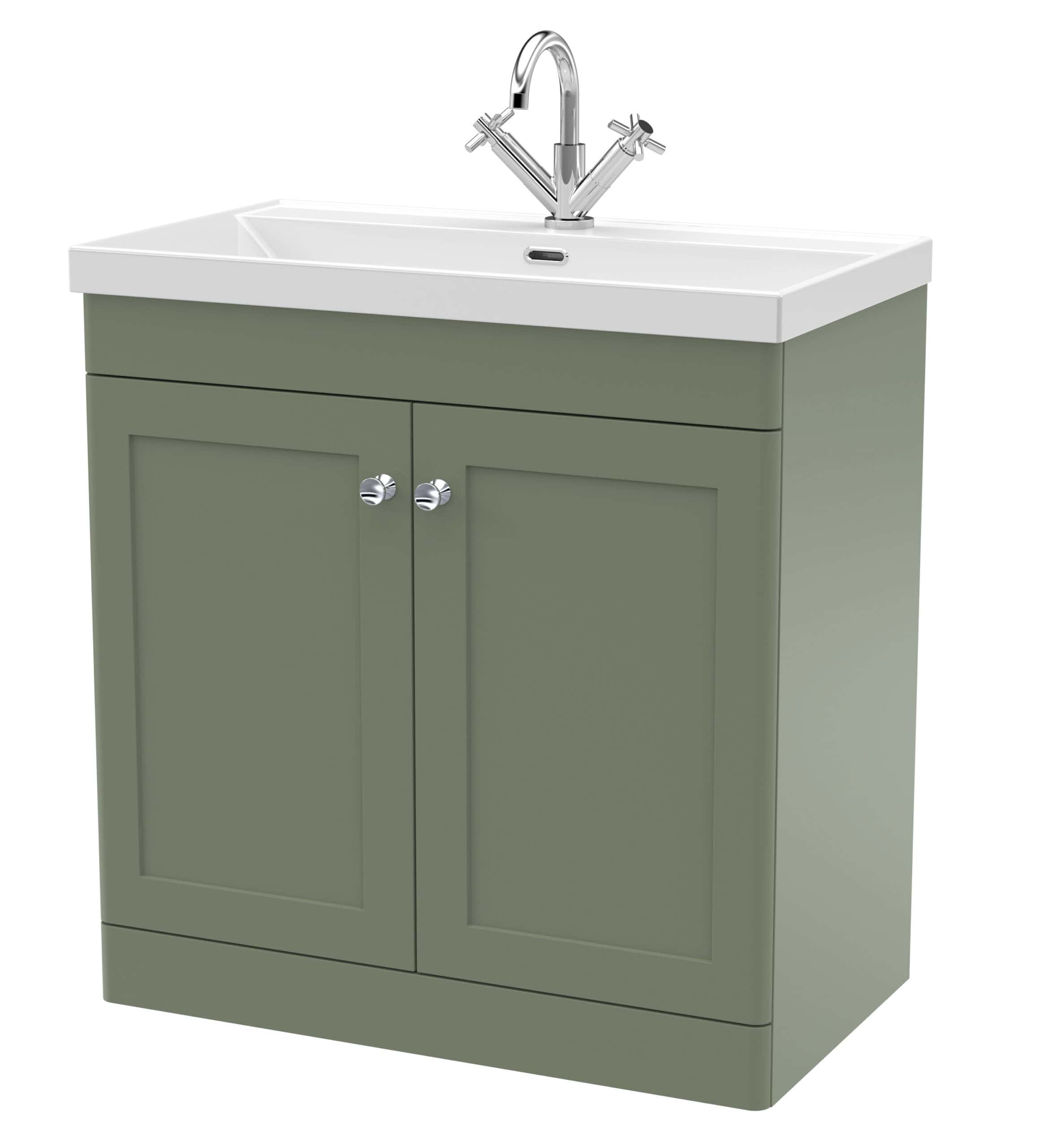 Modern green bathroom vanity with white ceramic sink and chrome fixtures, ideal for bathroom and ensuite installations.