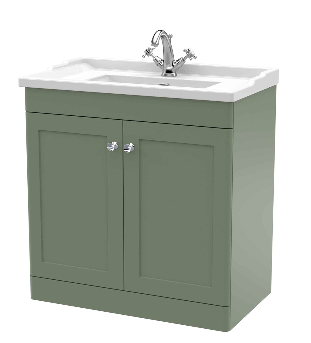 Modern green bathroom vanity with built-in sink and chrome fixtures, ideal for stylish bathroom decor. Perfect for bathroom cabinetry and storage solutions.