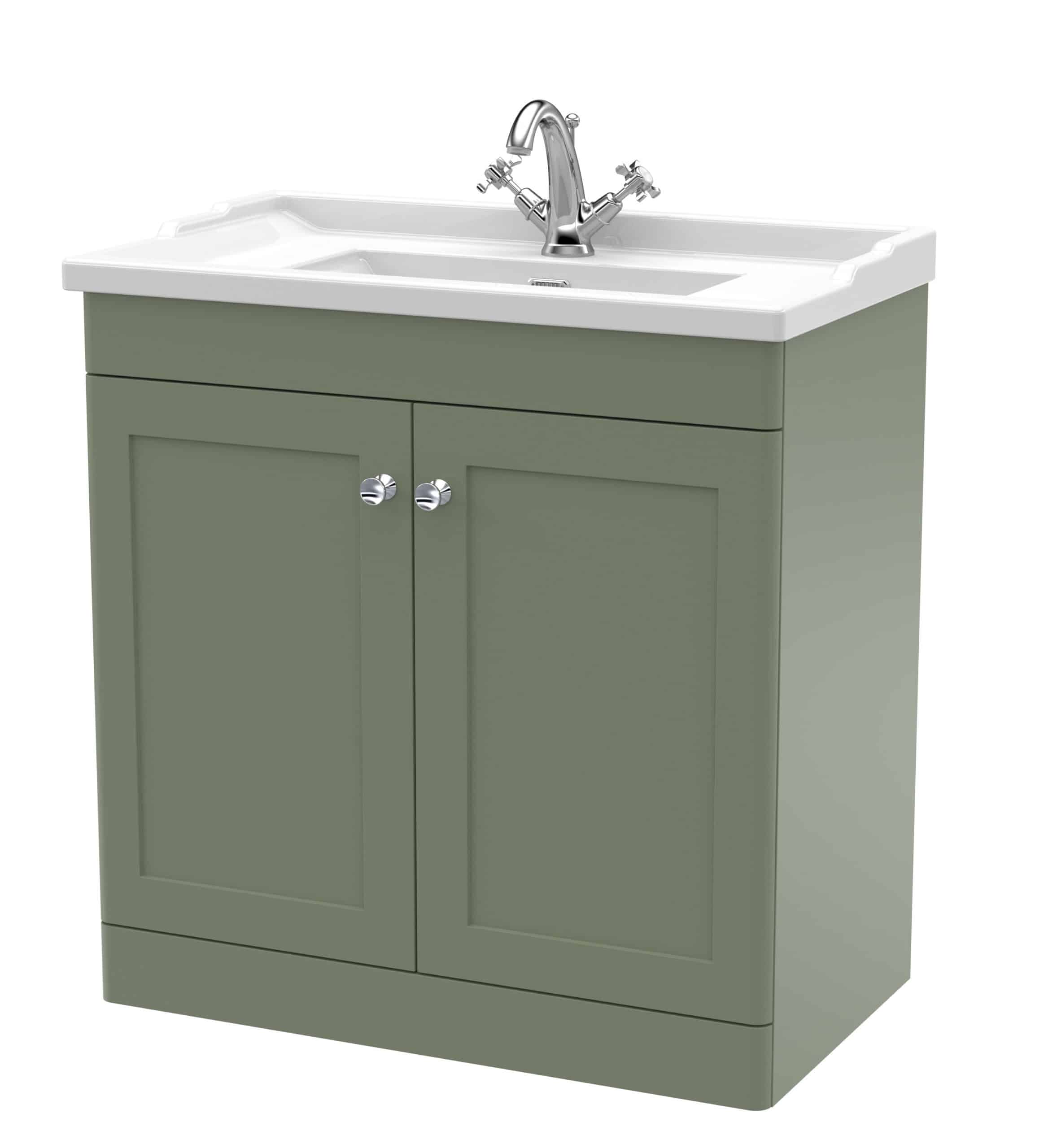Modern green bathroom vanity with built-in sink and chrome fixtures, ideal for stylish bathroom decor. Perfect for bathroom cabinetry and storage solutions.
