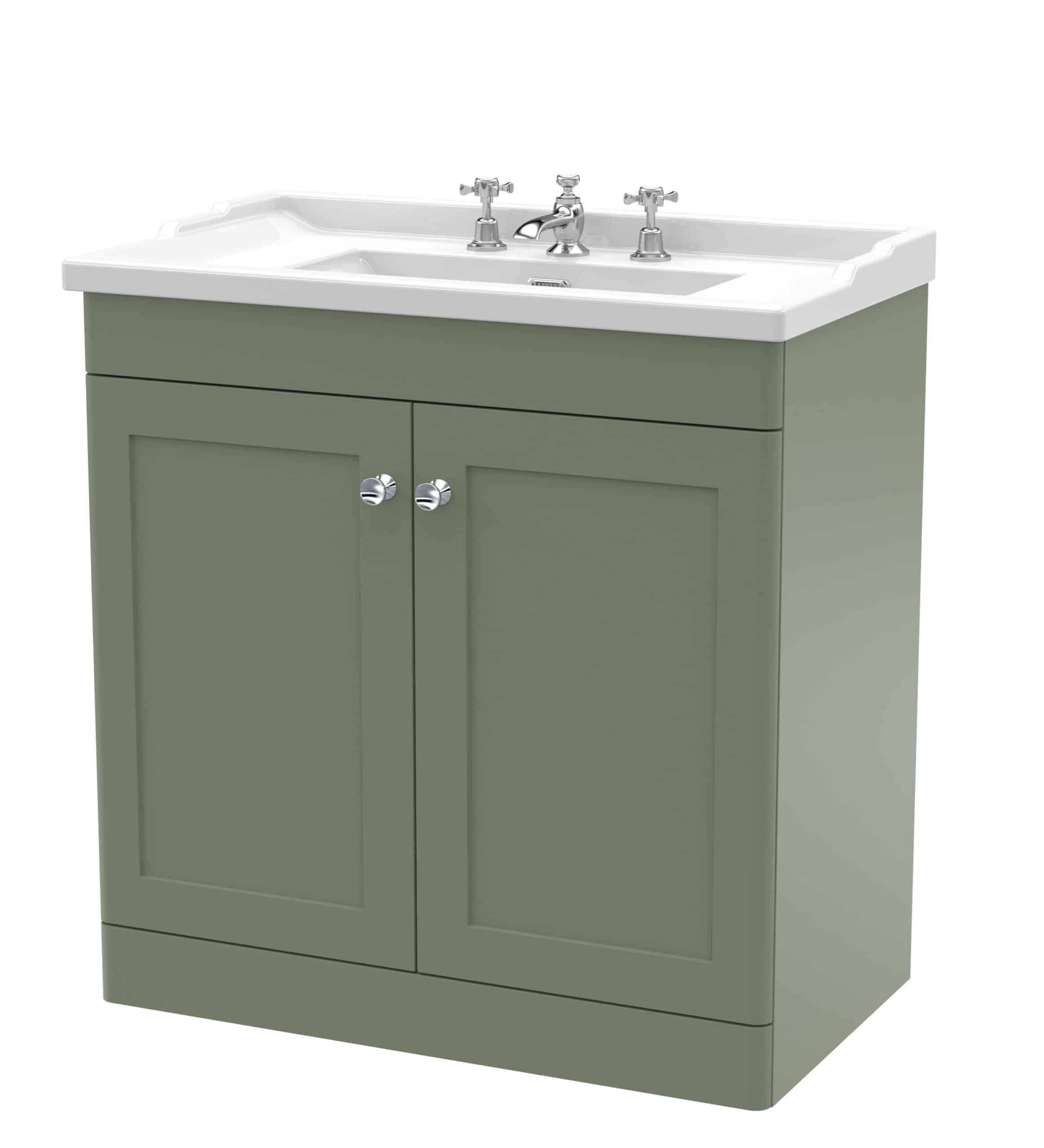 Elegant green bathroom vanity with ceramic sink and chrome taps, ideal for modern bathroom interiors. Durable finish and ample storage space for organisation. Perfect for bathroom upgrades.